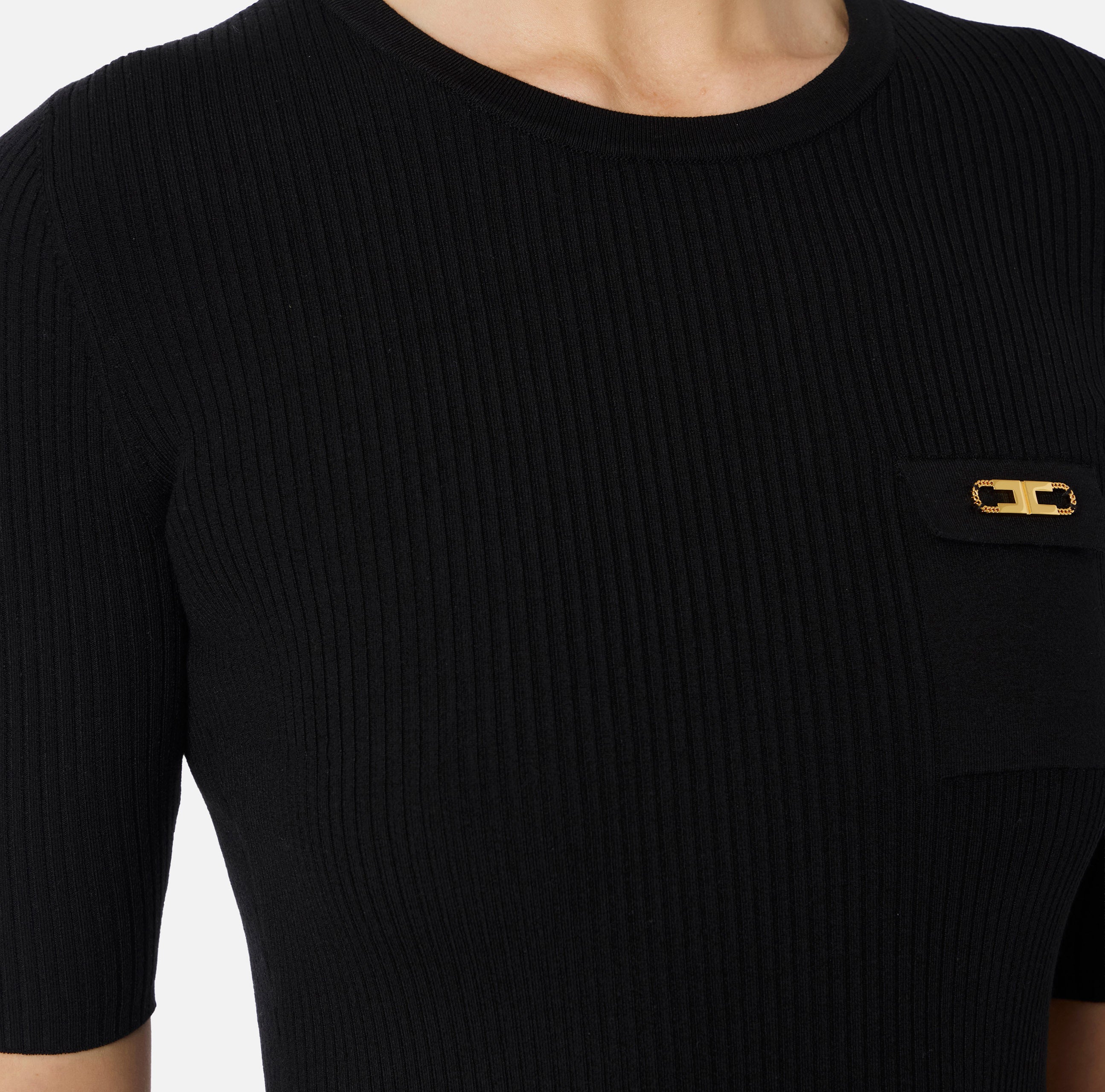 ELISABETTA FRANCHI Maglia Girocollo Costine Taschino Logo-Nero