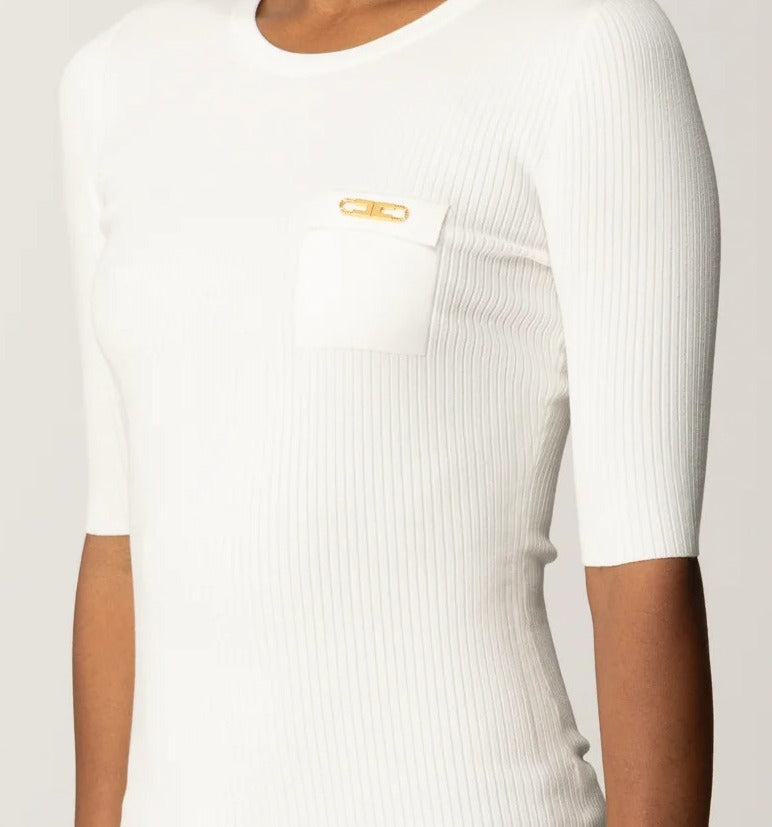 ELISABETTA FRANCHI Maglia Girocollo Costine Taschino Logo-Avorio