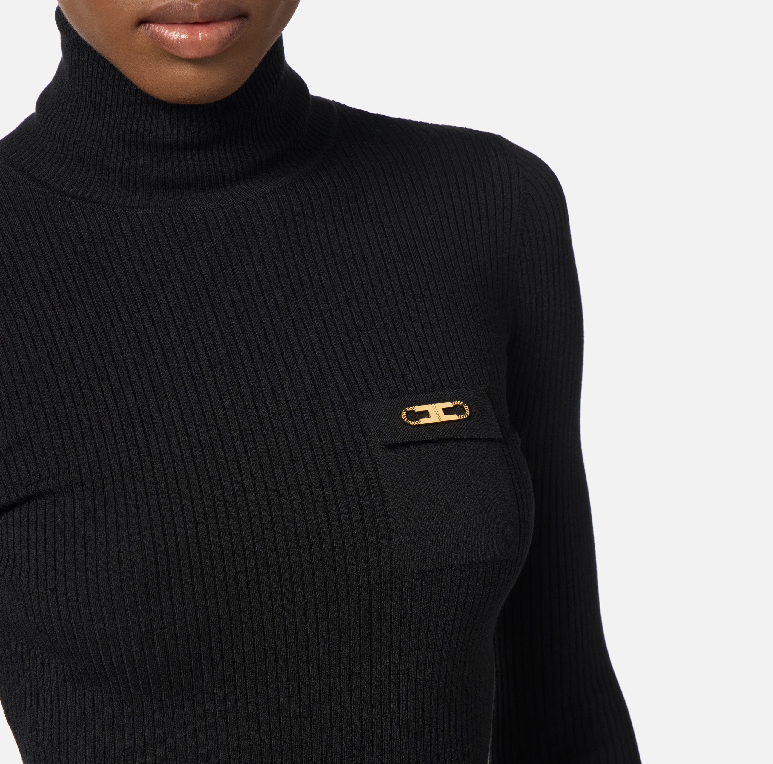 ELISABETTA FRANCHI Maglia Dolcevita Costine Taschino Logo-Nero