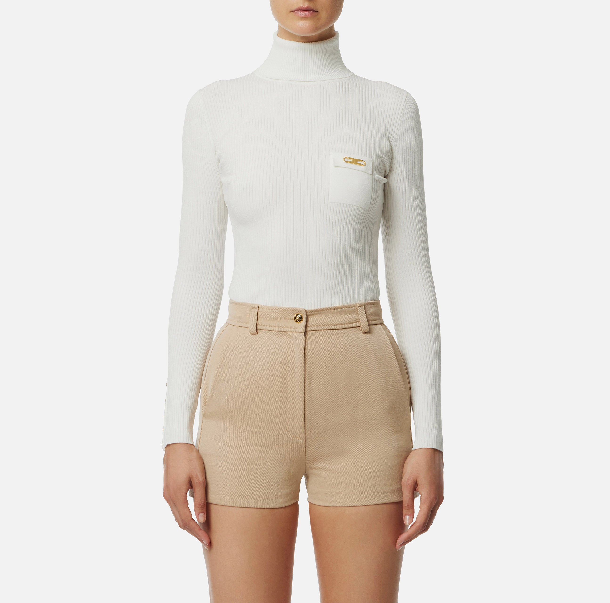 ELISABETTA FRANCHI Maglia Dolcevita Costine Taschino Logo-Avorio