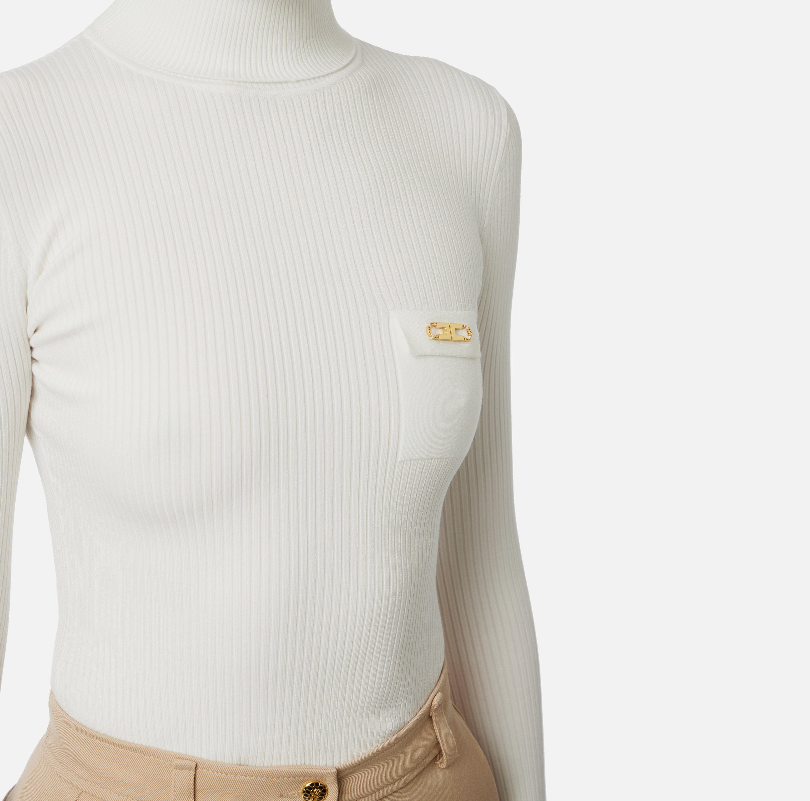 ELISABETTA FRANCHI Maglia Dolcevita Costine Taschino Logo-Avorio