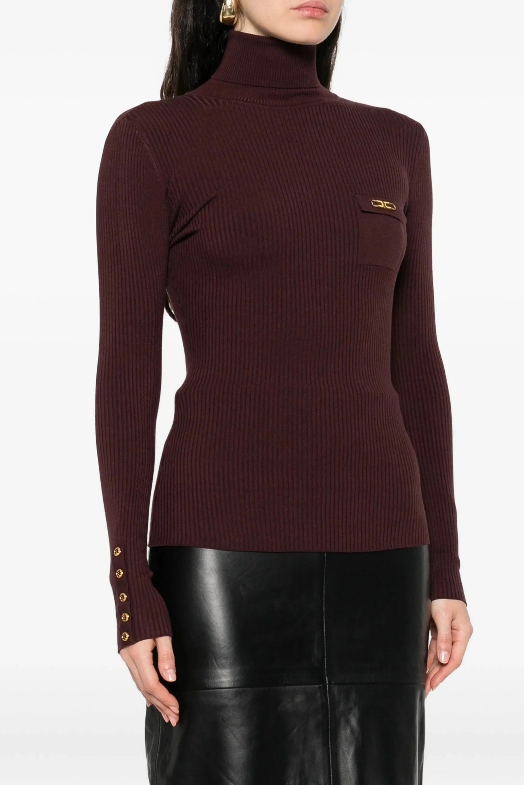 ELISABETTA FRANCHI Maglia Dolcevita Costine Taschino Logo-Merlot