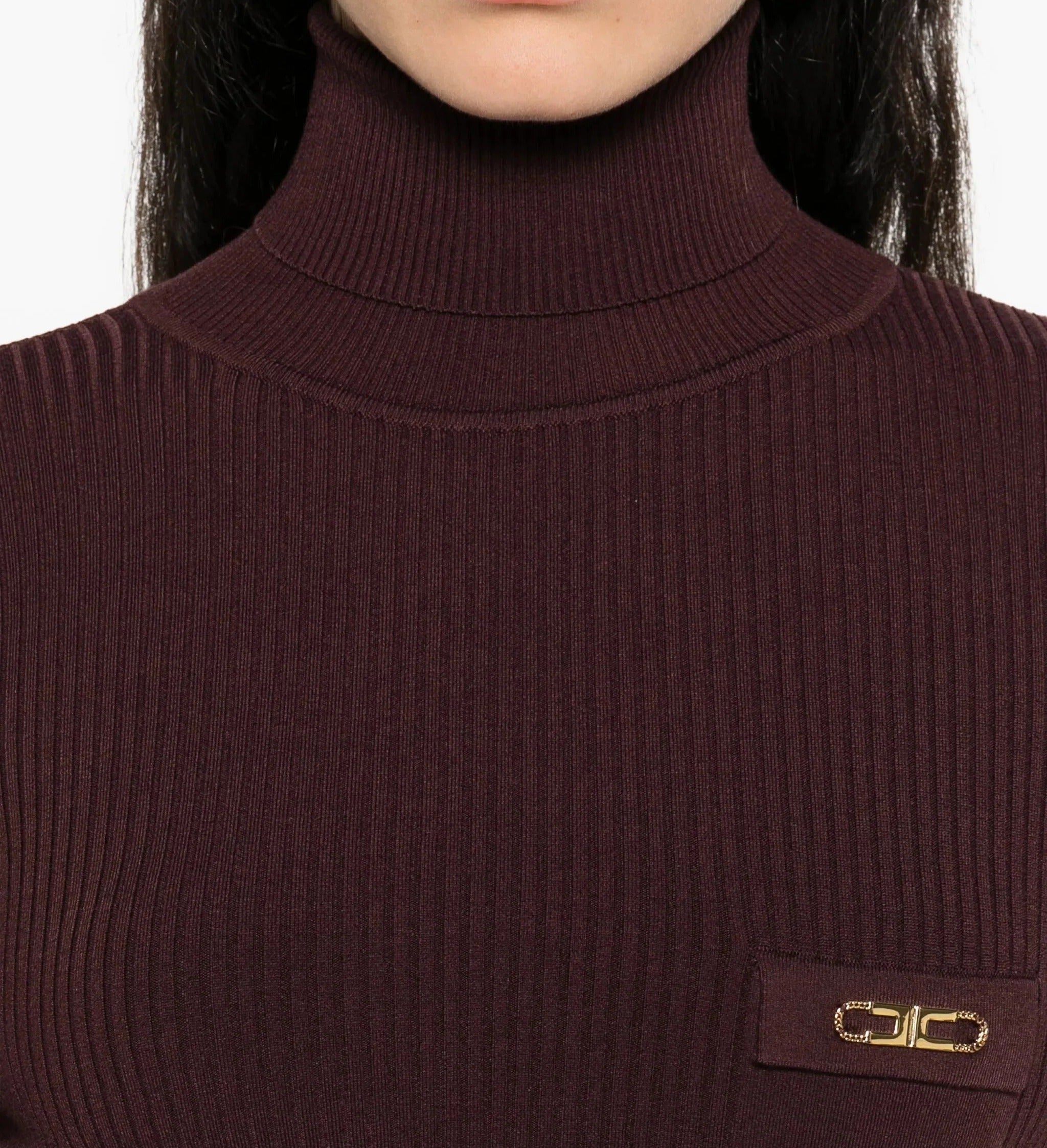 ELISABETTA FRANCHI Maglia Dolcevita Costine Taschino Logo-Merlot