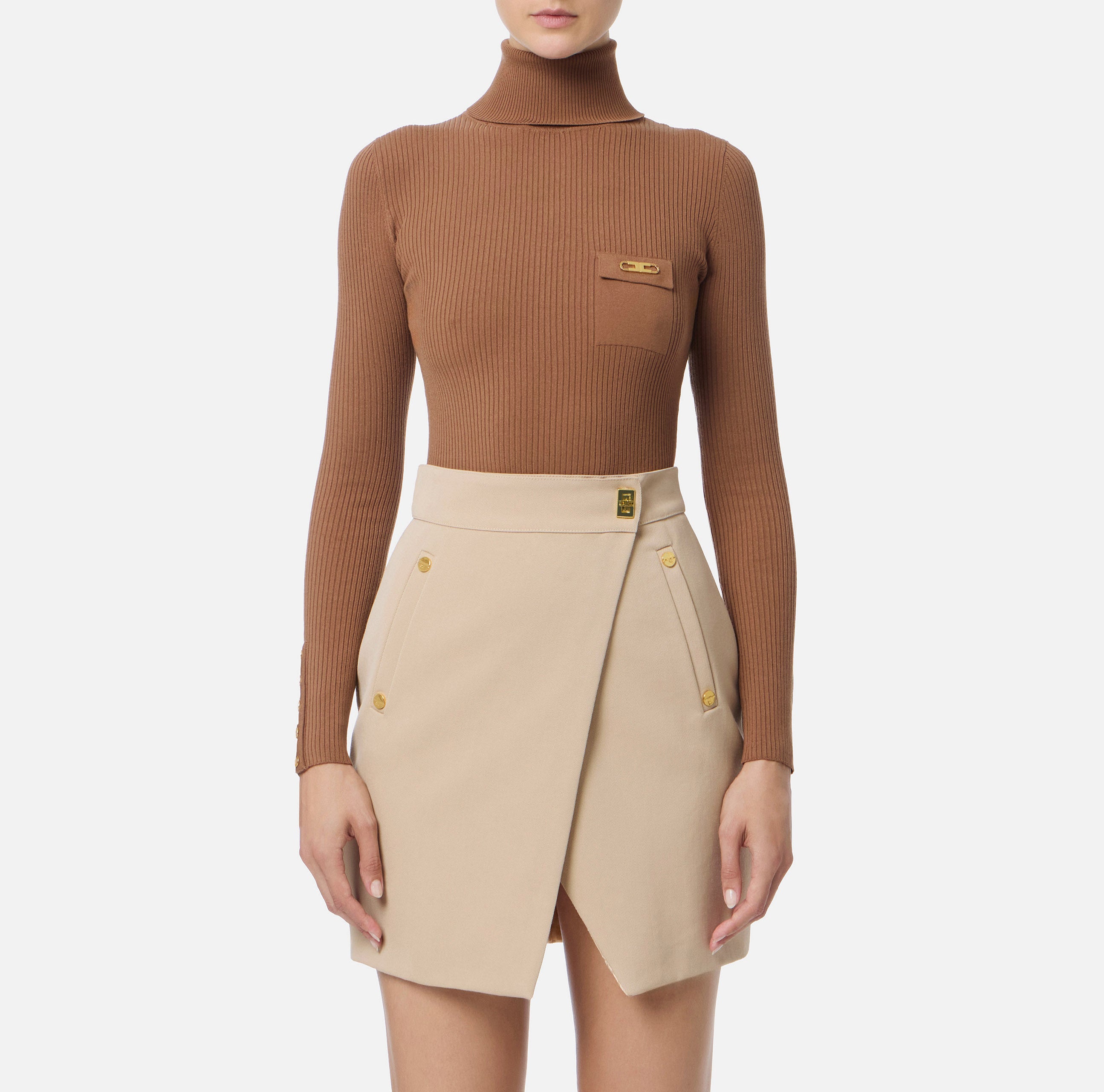 ELISABETTA FRANCHI Maglia Dolcevita Costine Taschino Logo-Brown Sugar