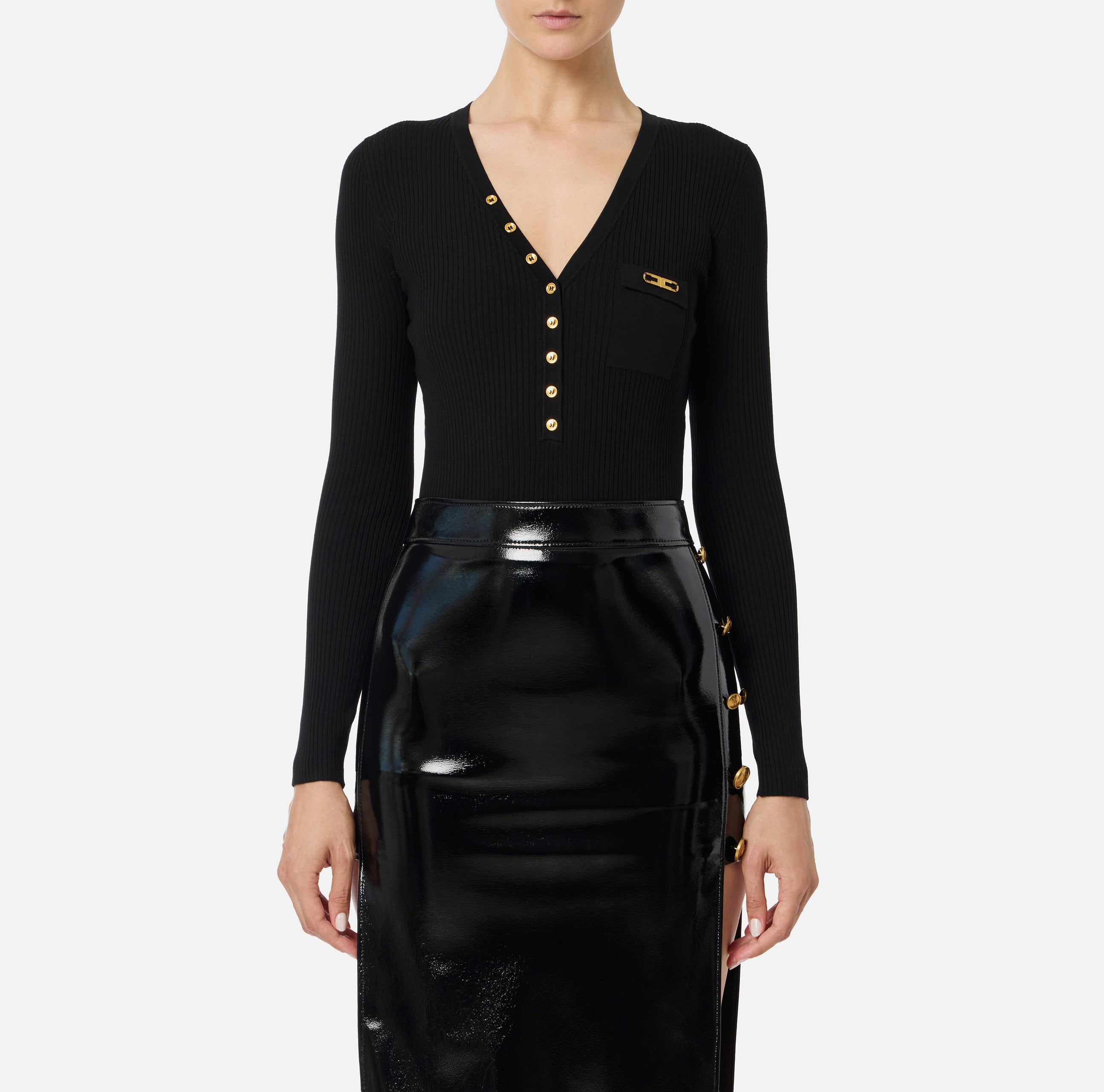 ELISABETTA FRANCHI Maglia Scollo V Costine Taschino Logo-Nero