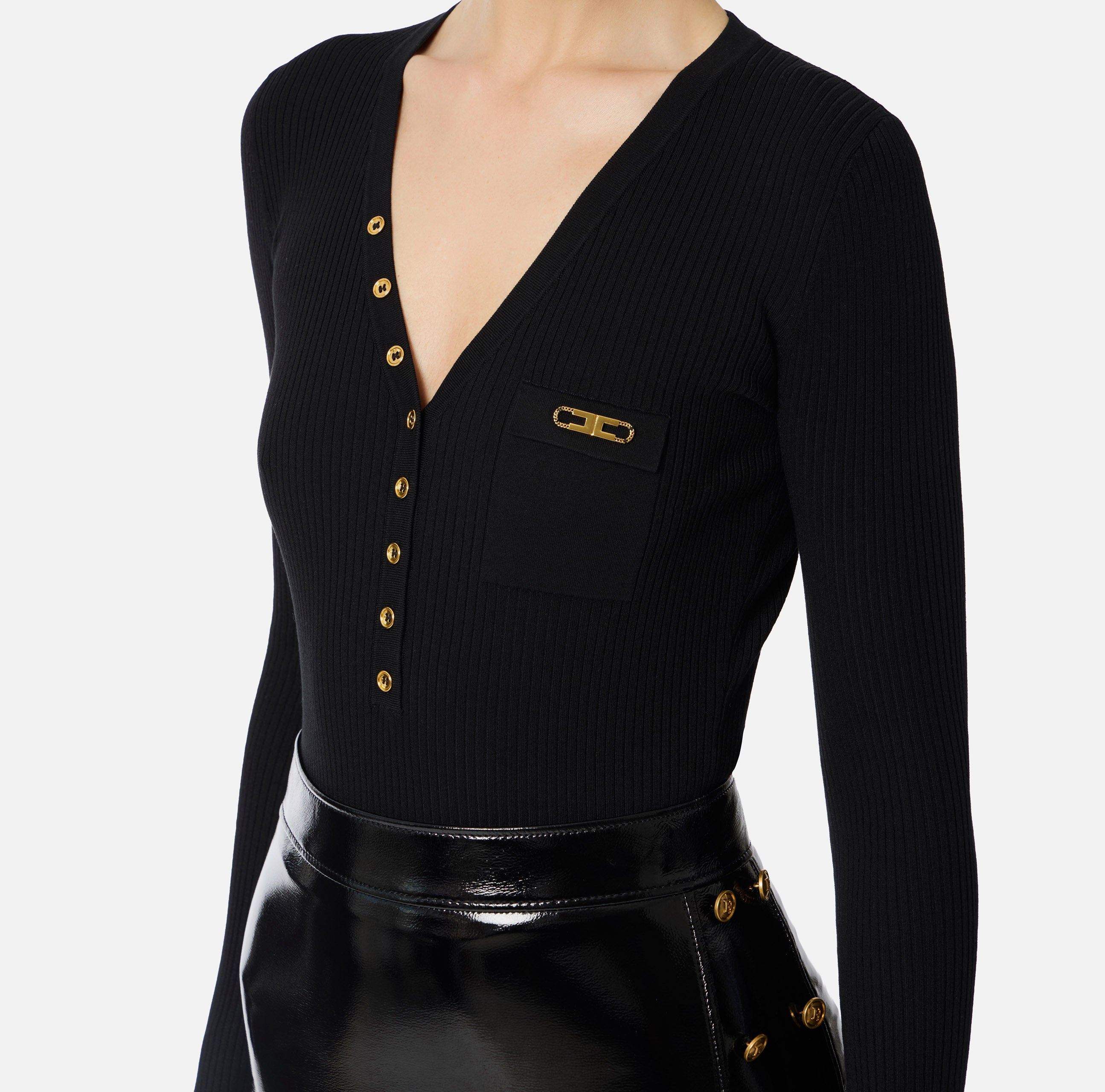 ELISABETTA FRANCHI Maglia Scollo V Costine Taschino Logo-Nero