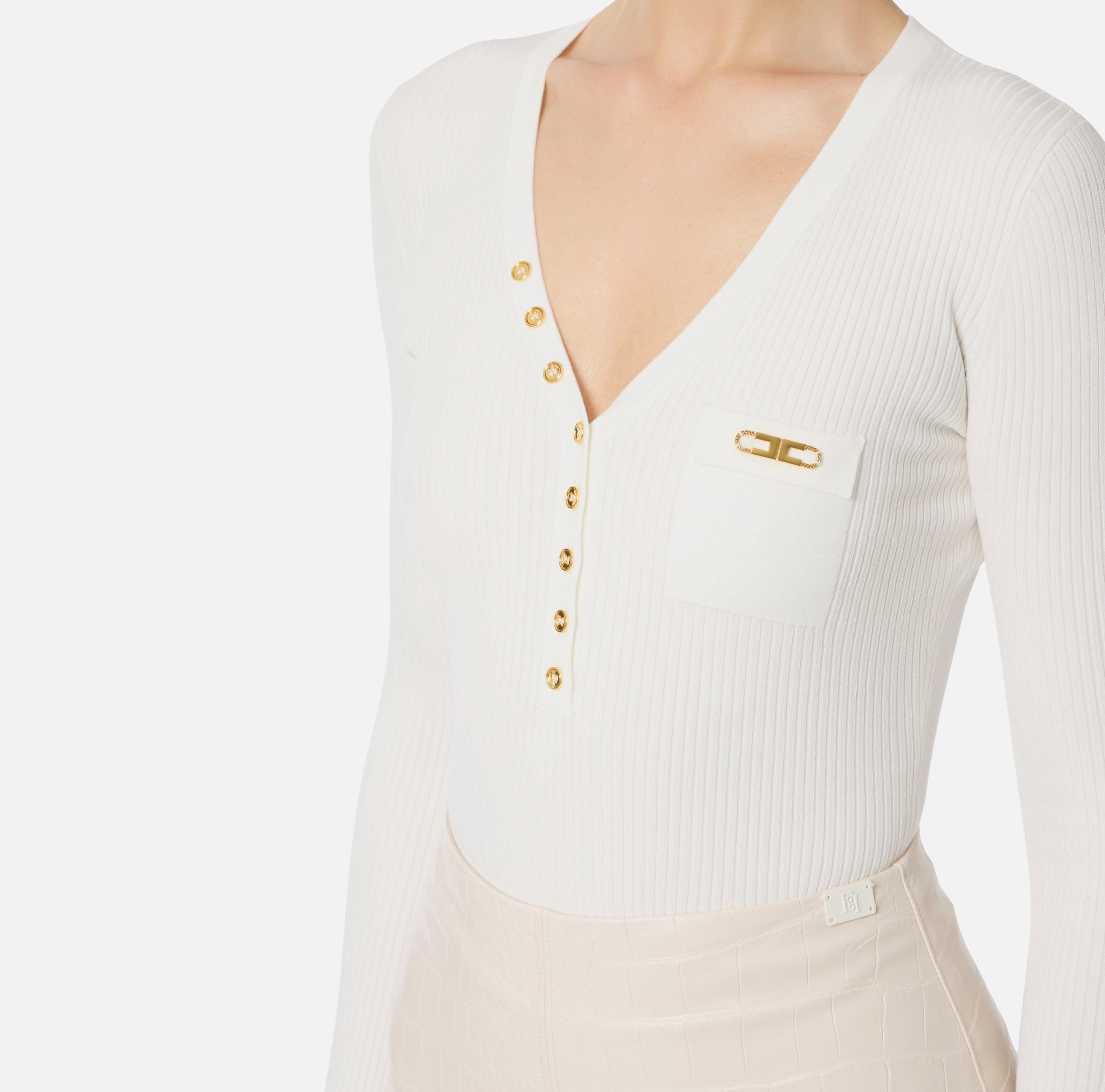 ELISABETTA FRANCHI Maglia Scollo V Costine Taschino Logo-Avorio