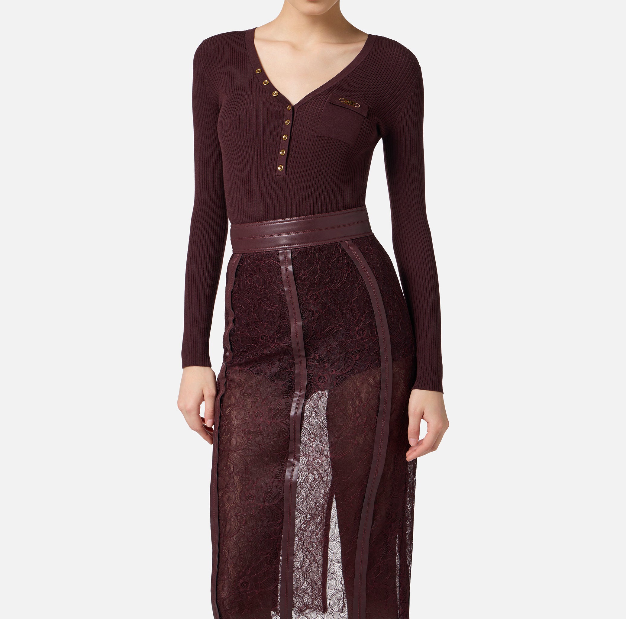 ELISABETTA FRANCHI Maglia Scollo V Costine Taschino Logo-Merlot