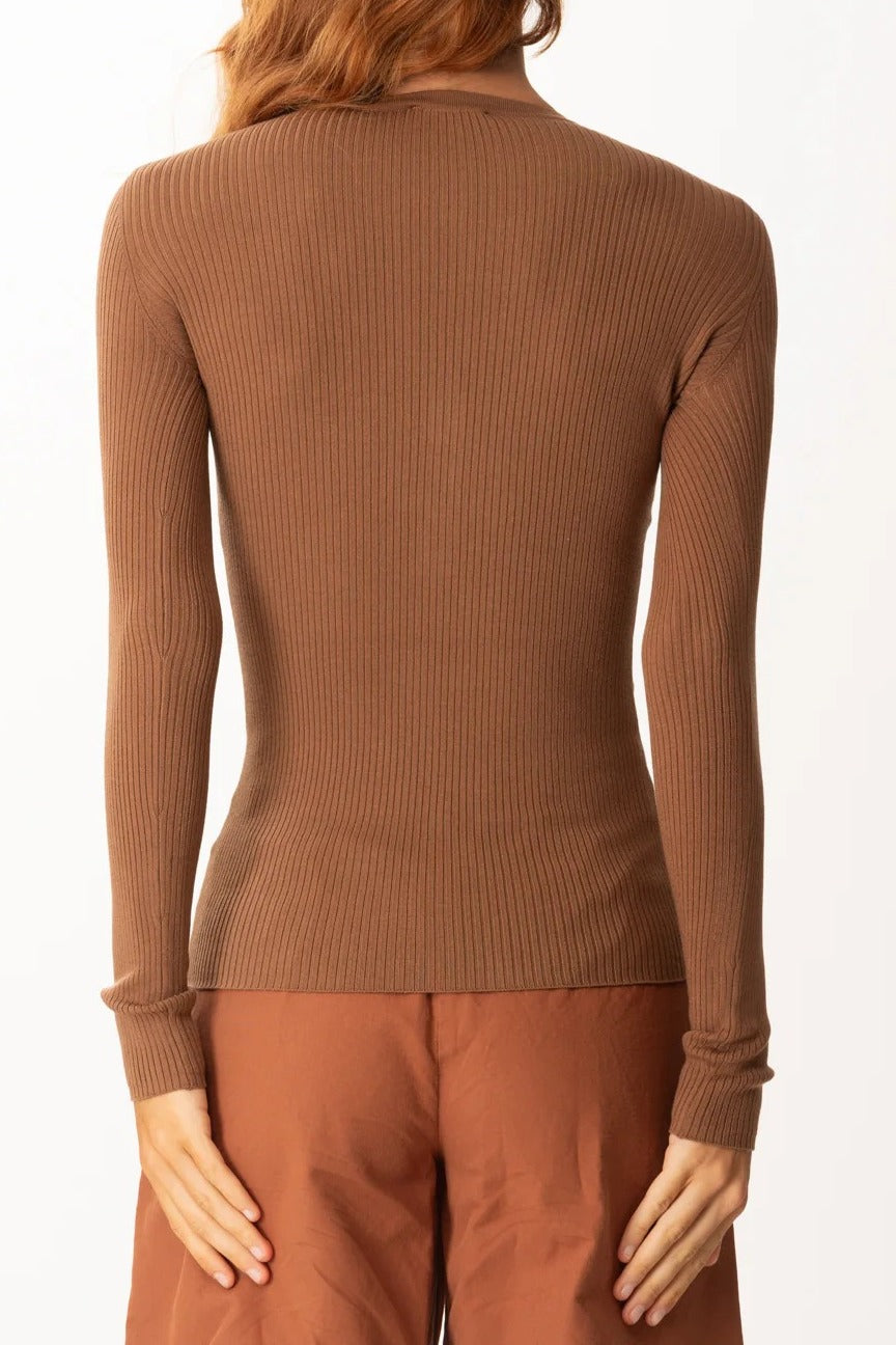 ELISABETTA FRANCHI Maglia Scollo V Costine Taschino Logo-Brown Sugar