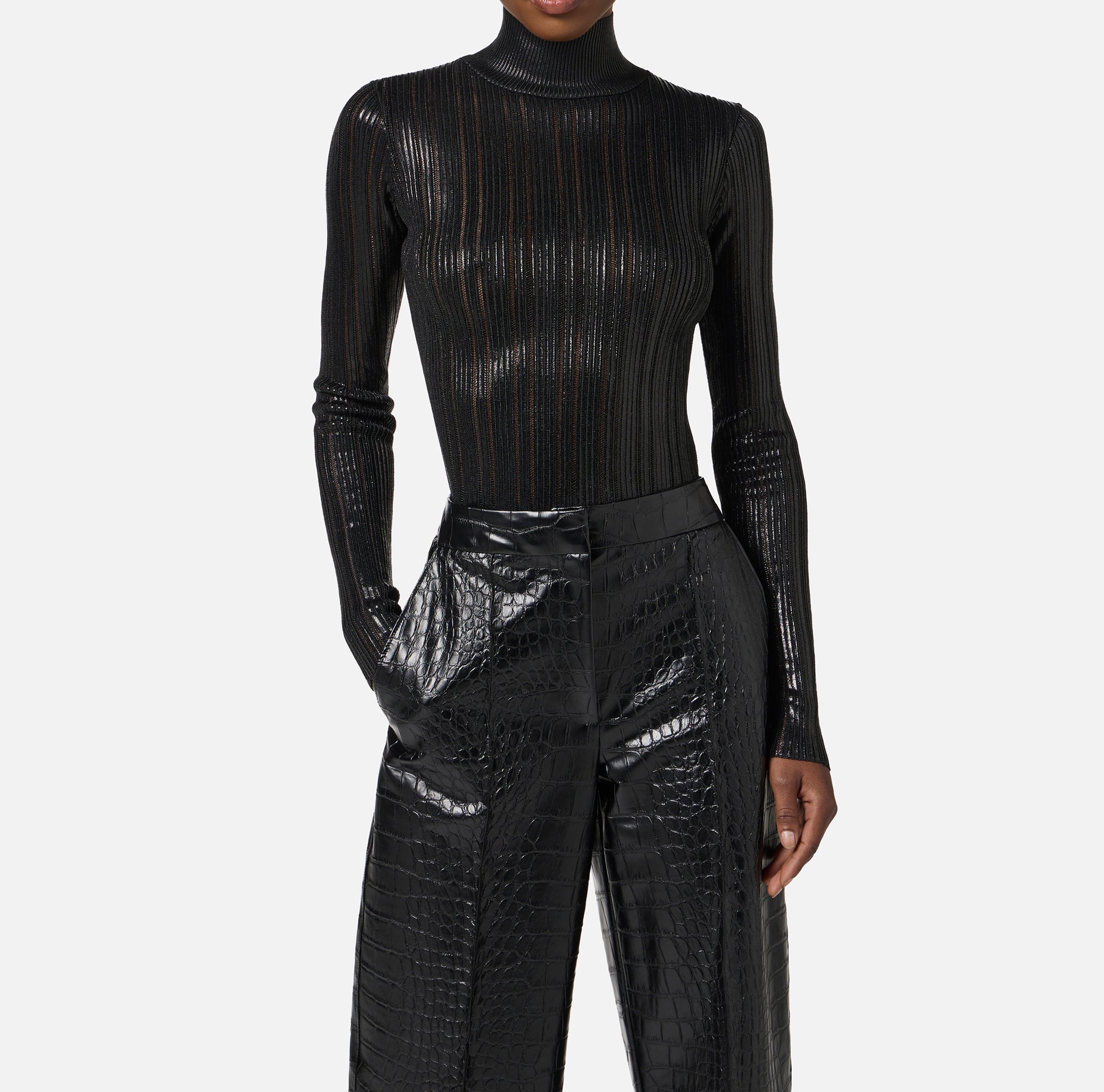 ELISABETTA FRANCHI Maglia Dolcevita Laminata Costine-Nero