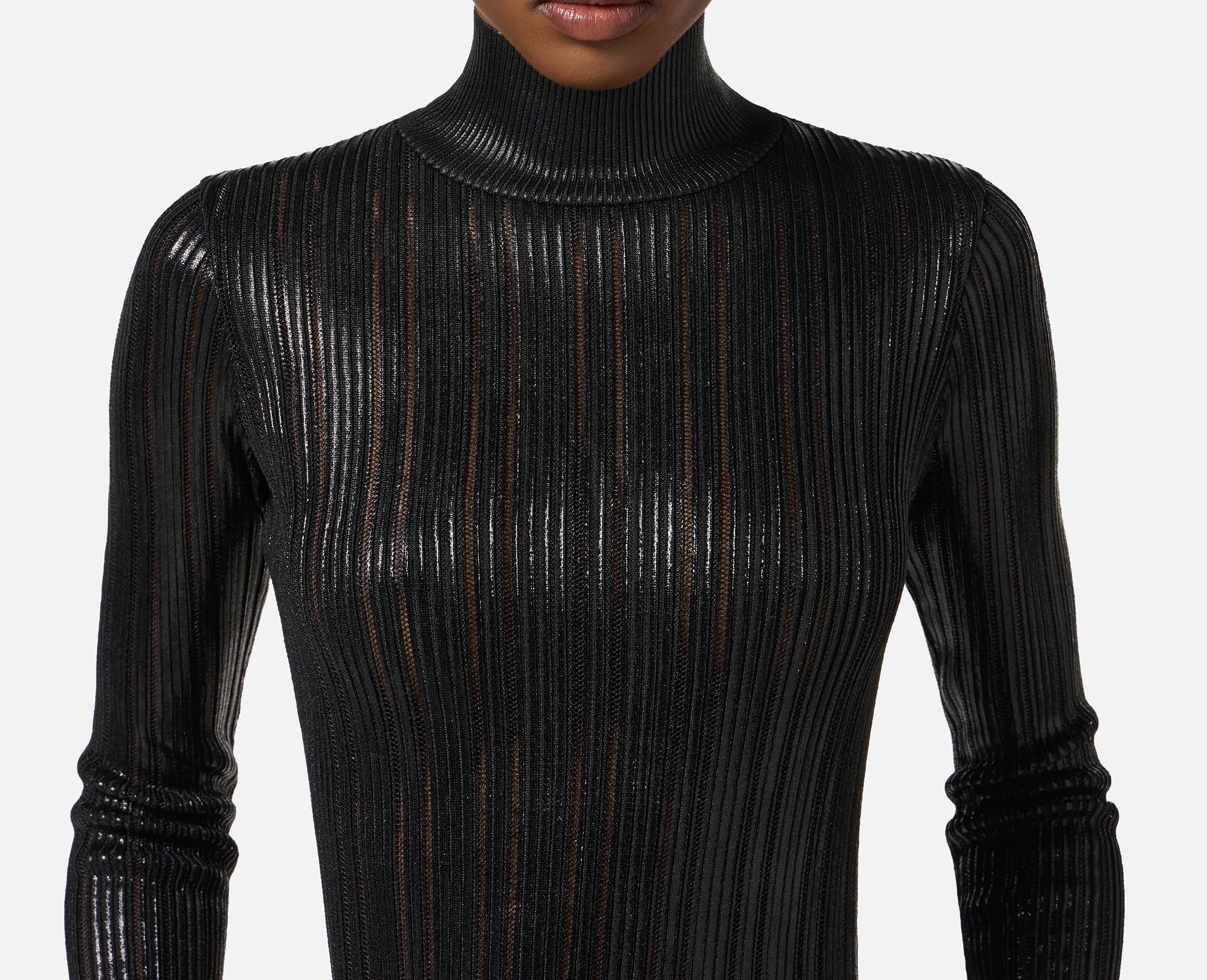 ELISABETTA FRANCHI Maglia Dolcevita Laminata Costine-Nero