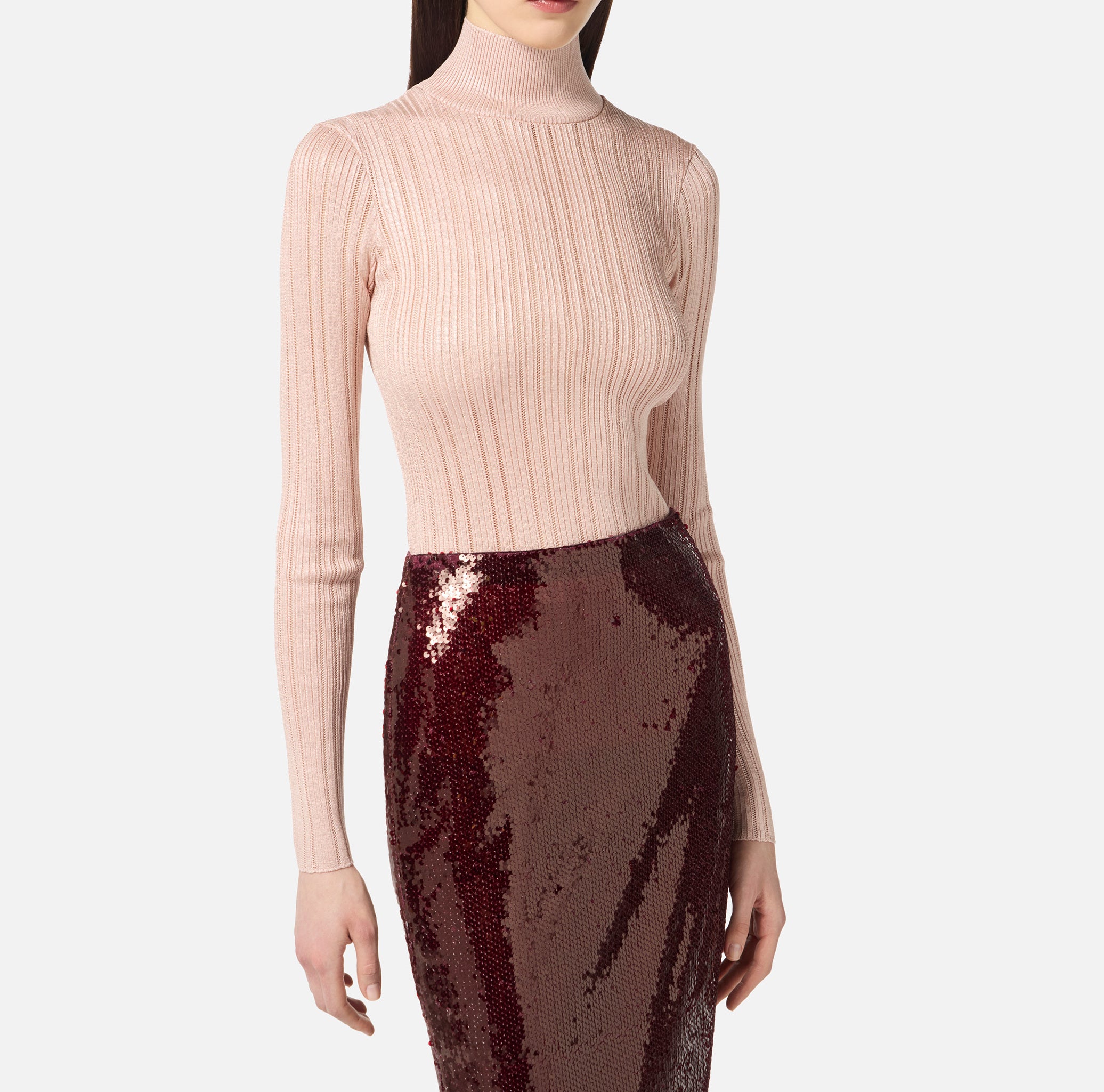 ELISABETTA FRANCHI Maglia Dolcevita Laminata Costine-Nude