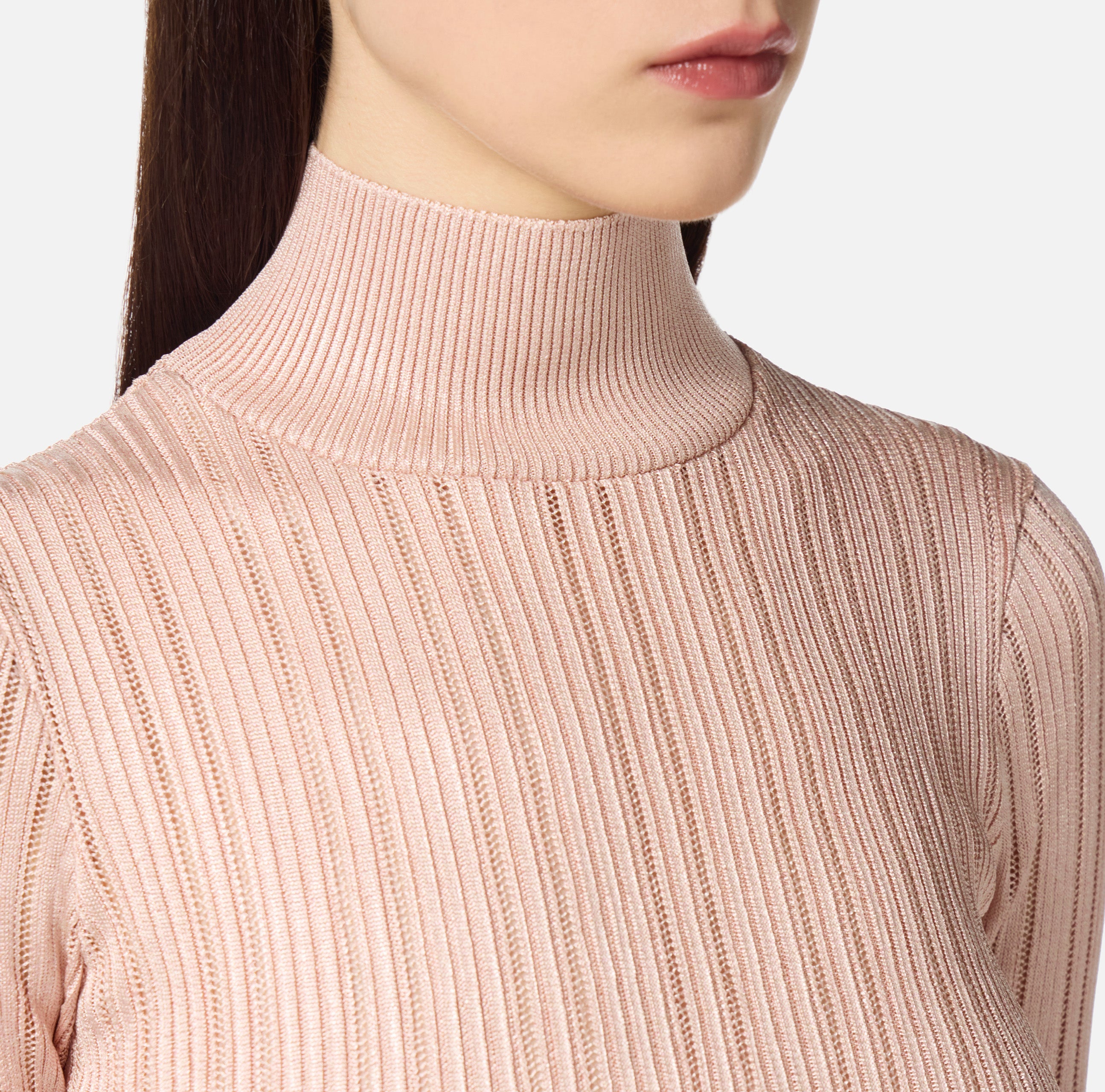ELISABETTA FRANCHI Maglia Dolcevita Laminata Costine-Nude