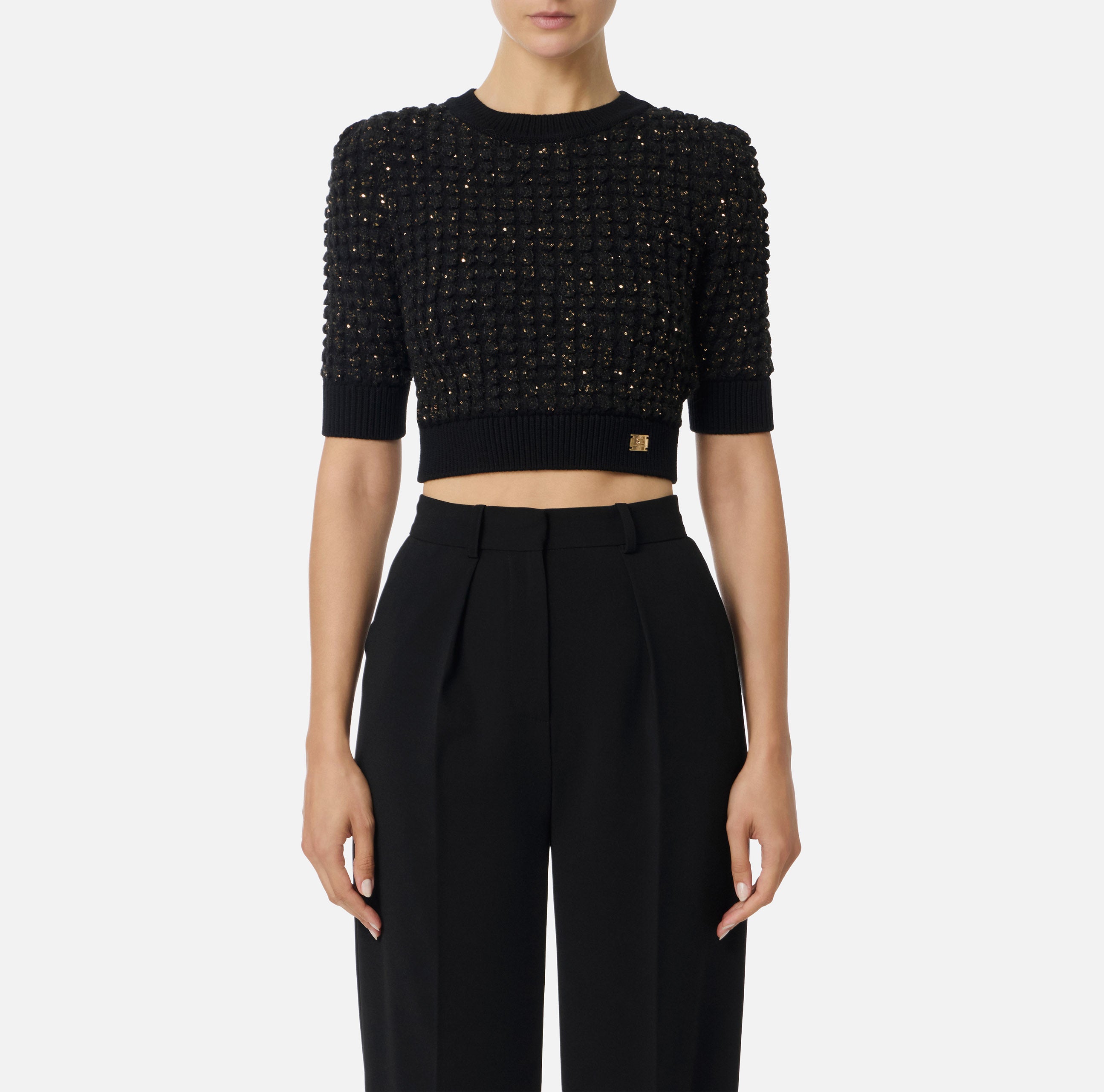 ELISABETTA FRANCHI Maglia Bouclé Micro Paillettes Cropped-Nero