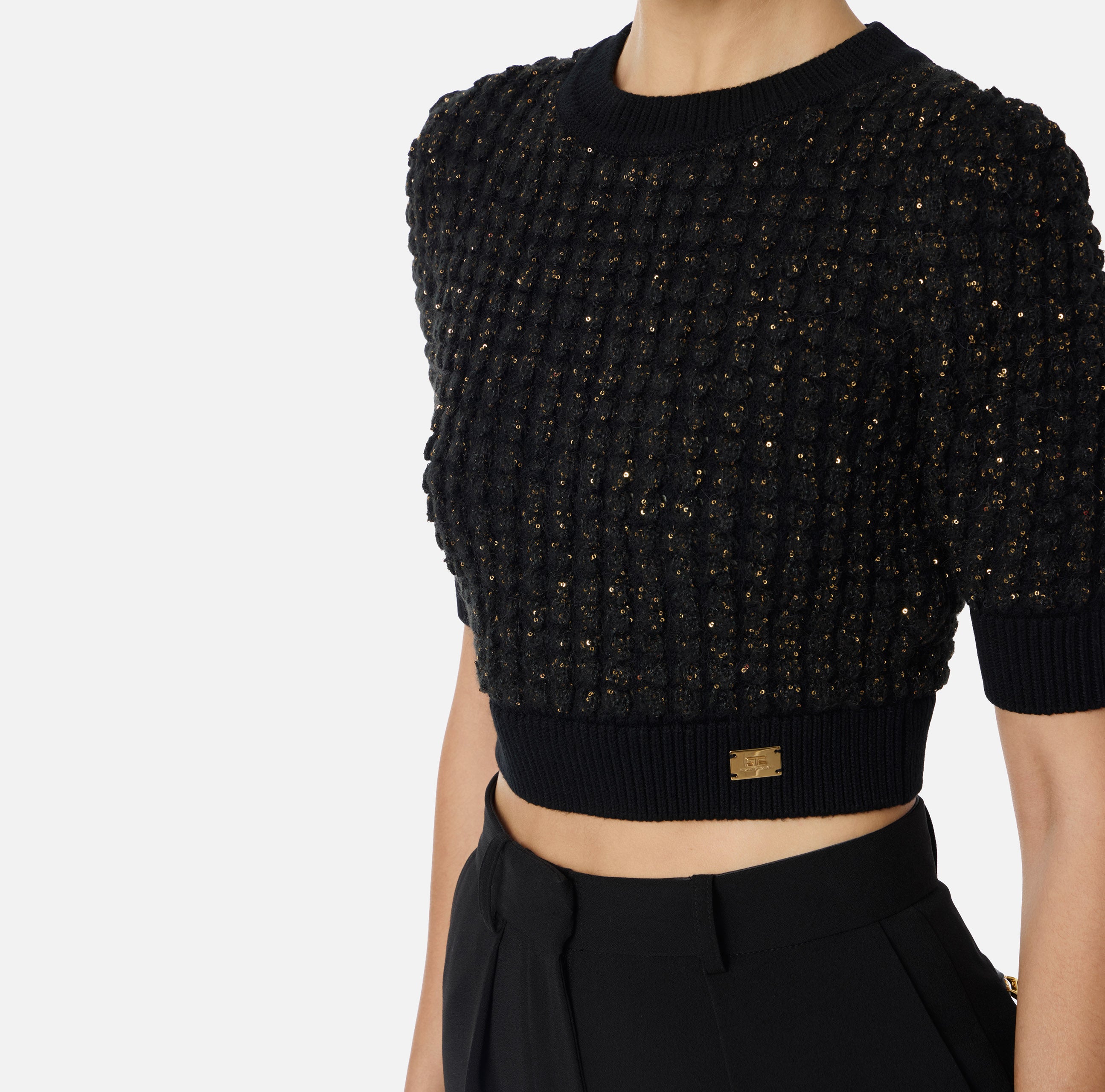 ELISABETTA FRANCHI Maglia Bouclé Micro Paillettes Cropped-Nero