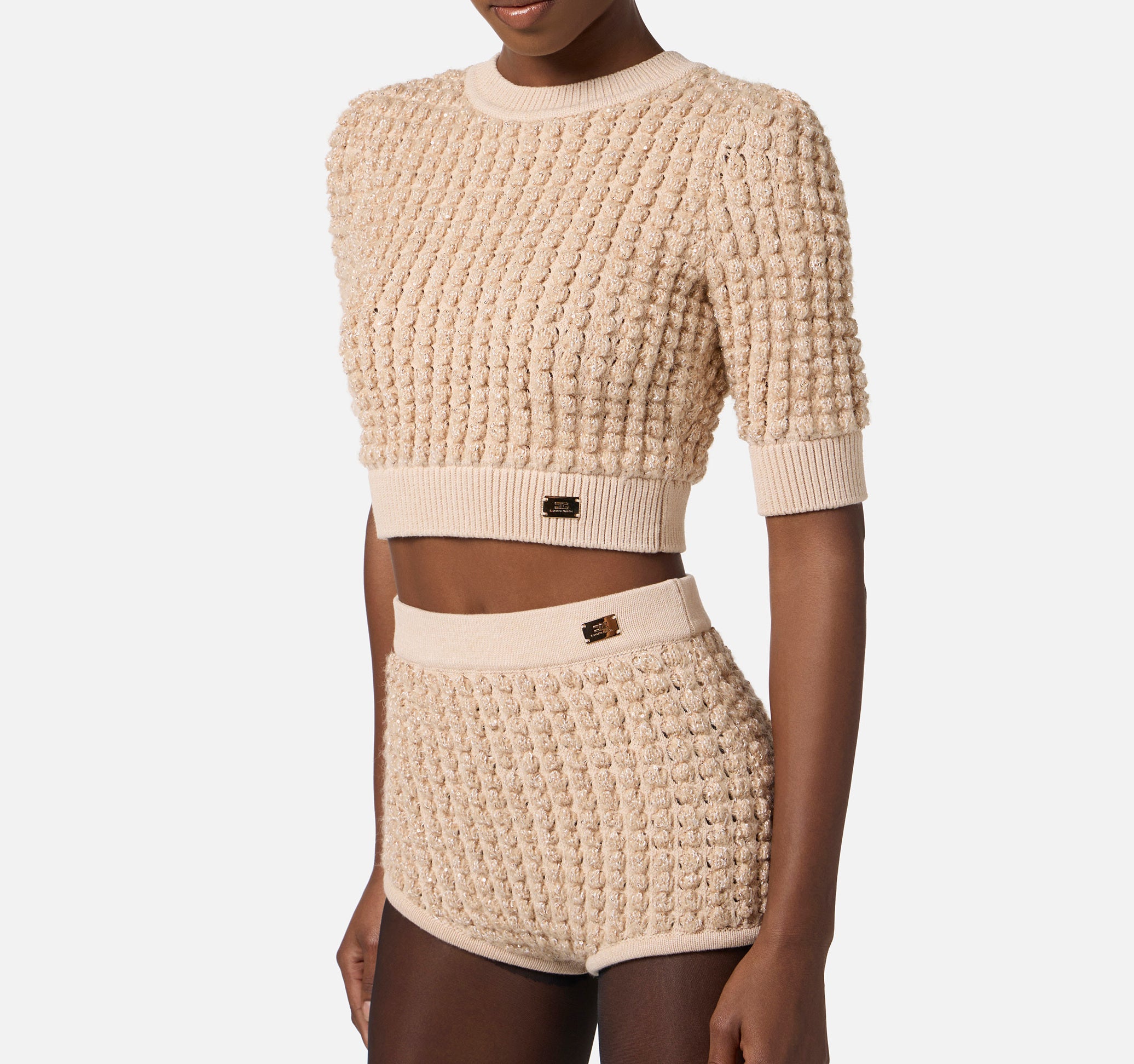 ELISABETTA FRANCHI Maglia Bouclé Micro Paillettes Cropped-Honey
