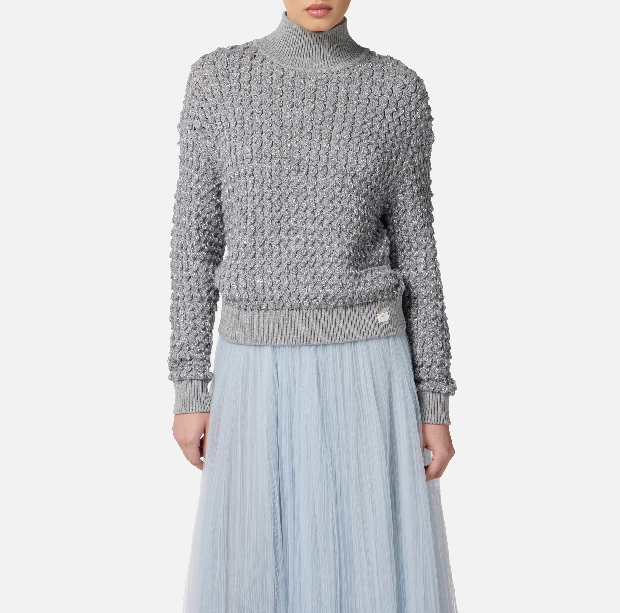 ELISABETTA FRANCHI Maglia Bouclé Micro Paillettes-Grigio Melange