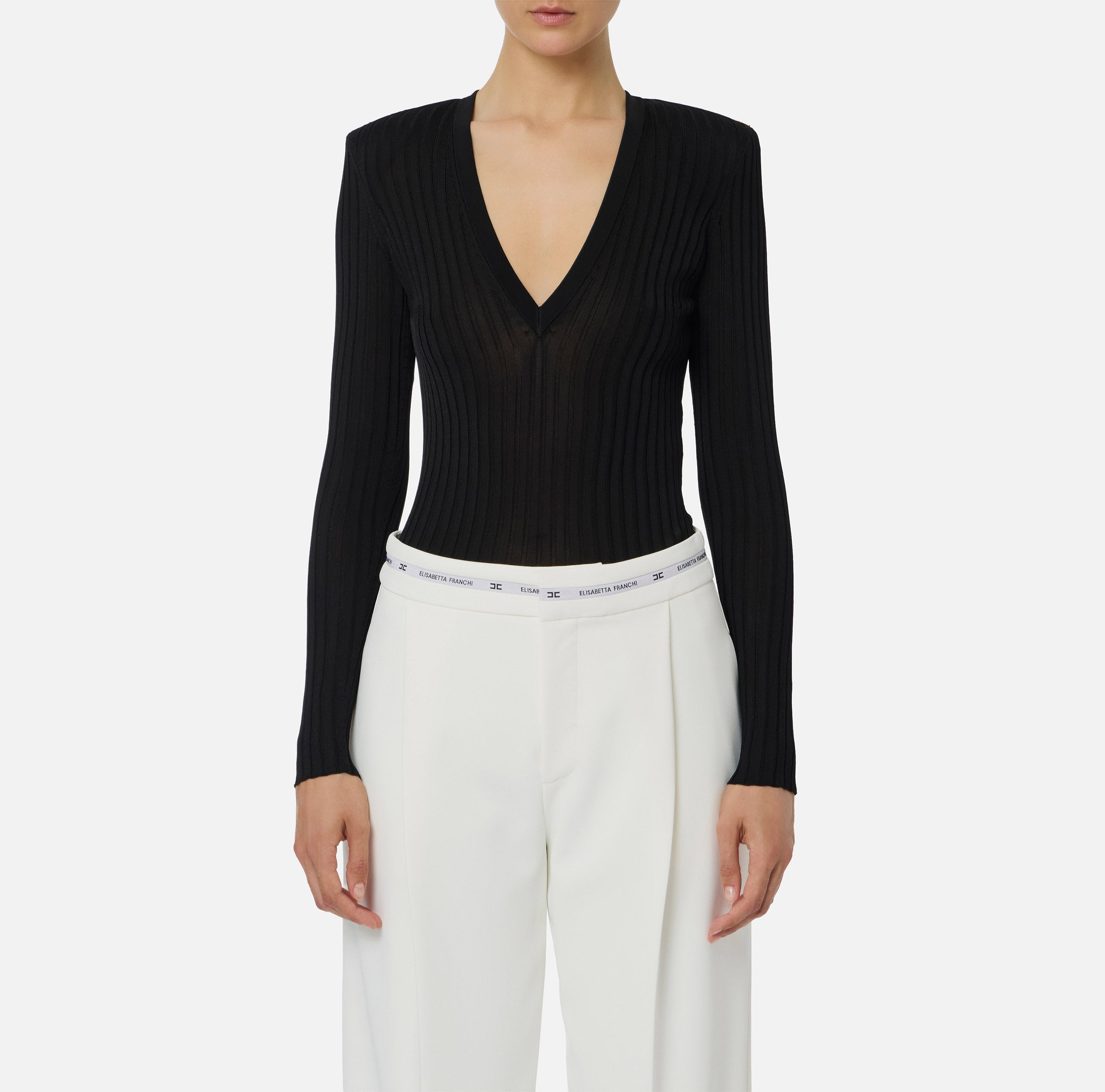 ELISABETTA FRANCHI Maglia Scollo V Filato Viscosa Costine-Nero