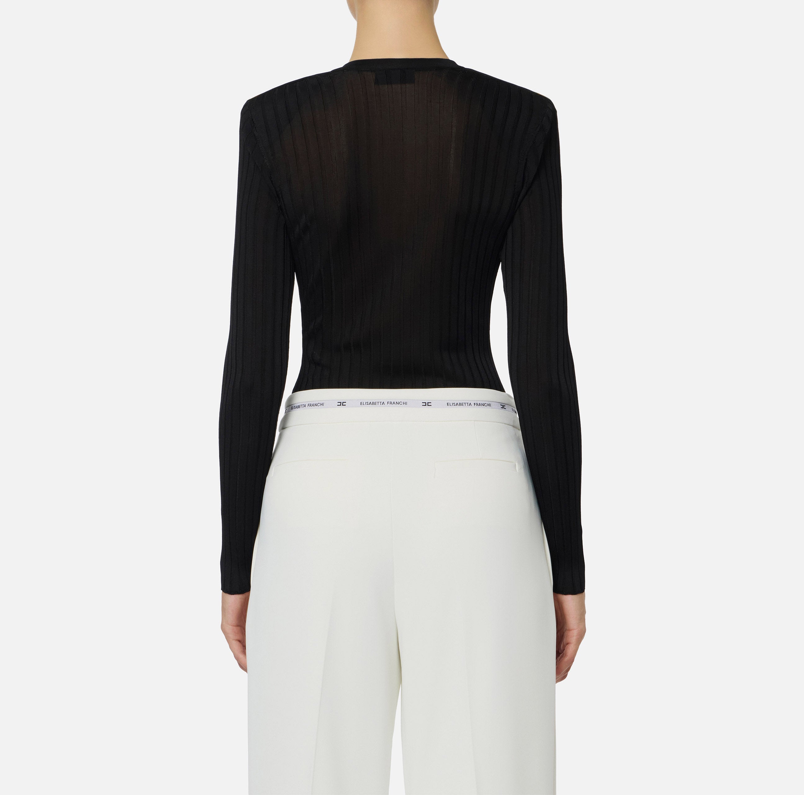 ELISABETTA FRANCHI Maglia Scollo V Filato Viscosa Costine-Nero