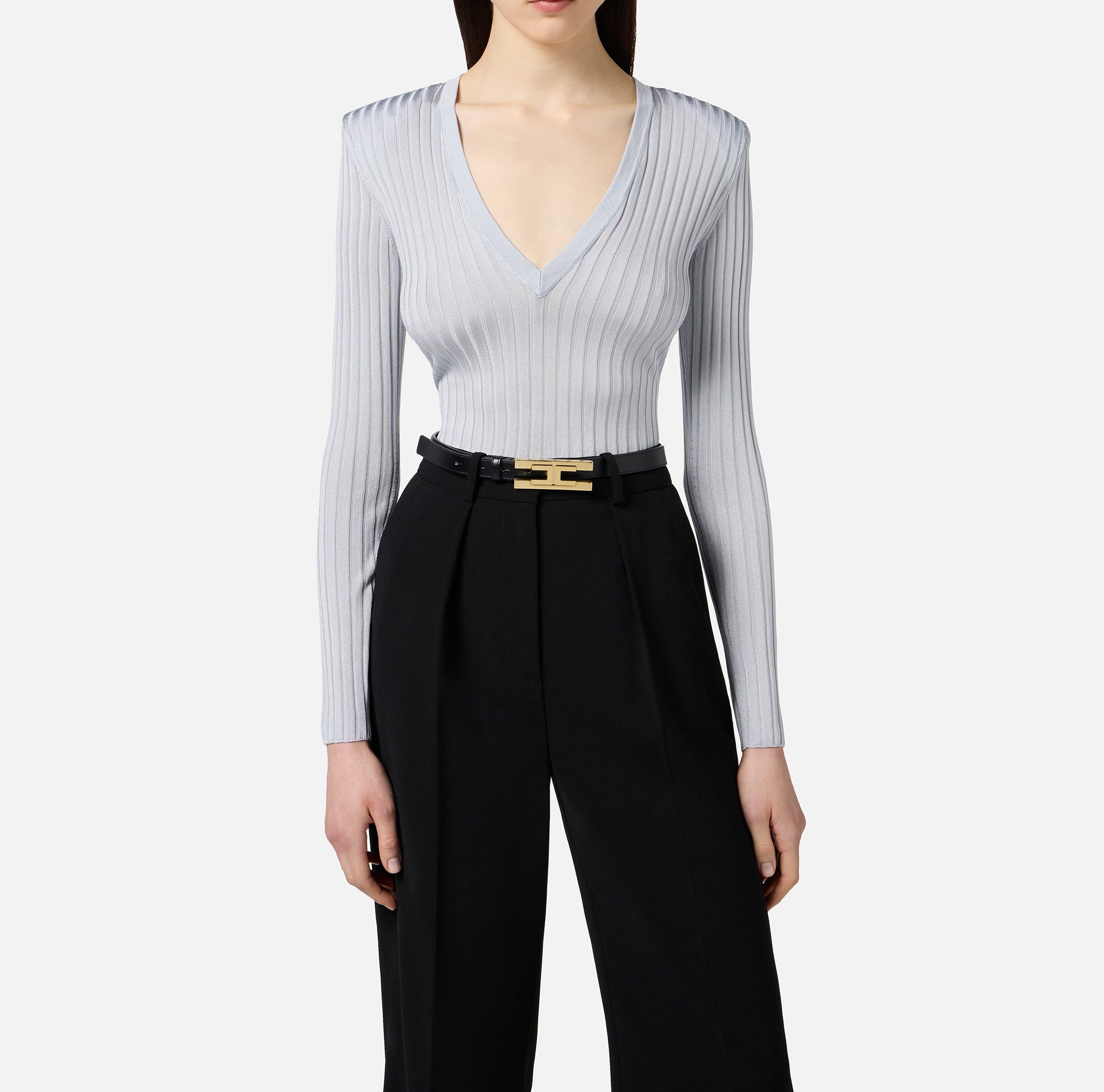 ELISABETTA FRANCHI Maglia Scollo V Filato Viscosa Costine-Starlight