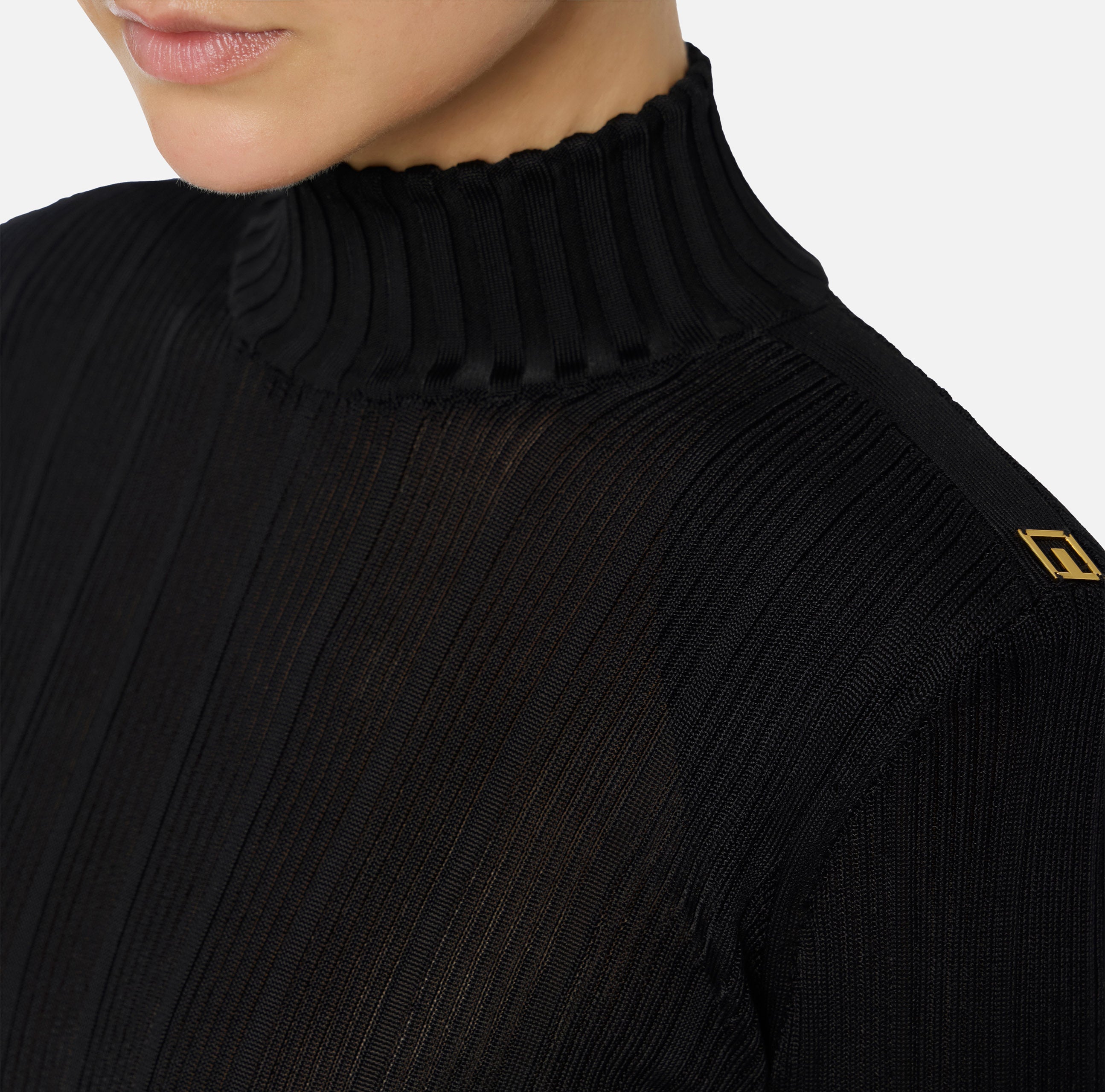 ELISABETTA FRANCHI Maglia Dolcevita Filato Viscosa Costine-Nero