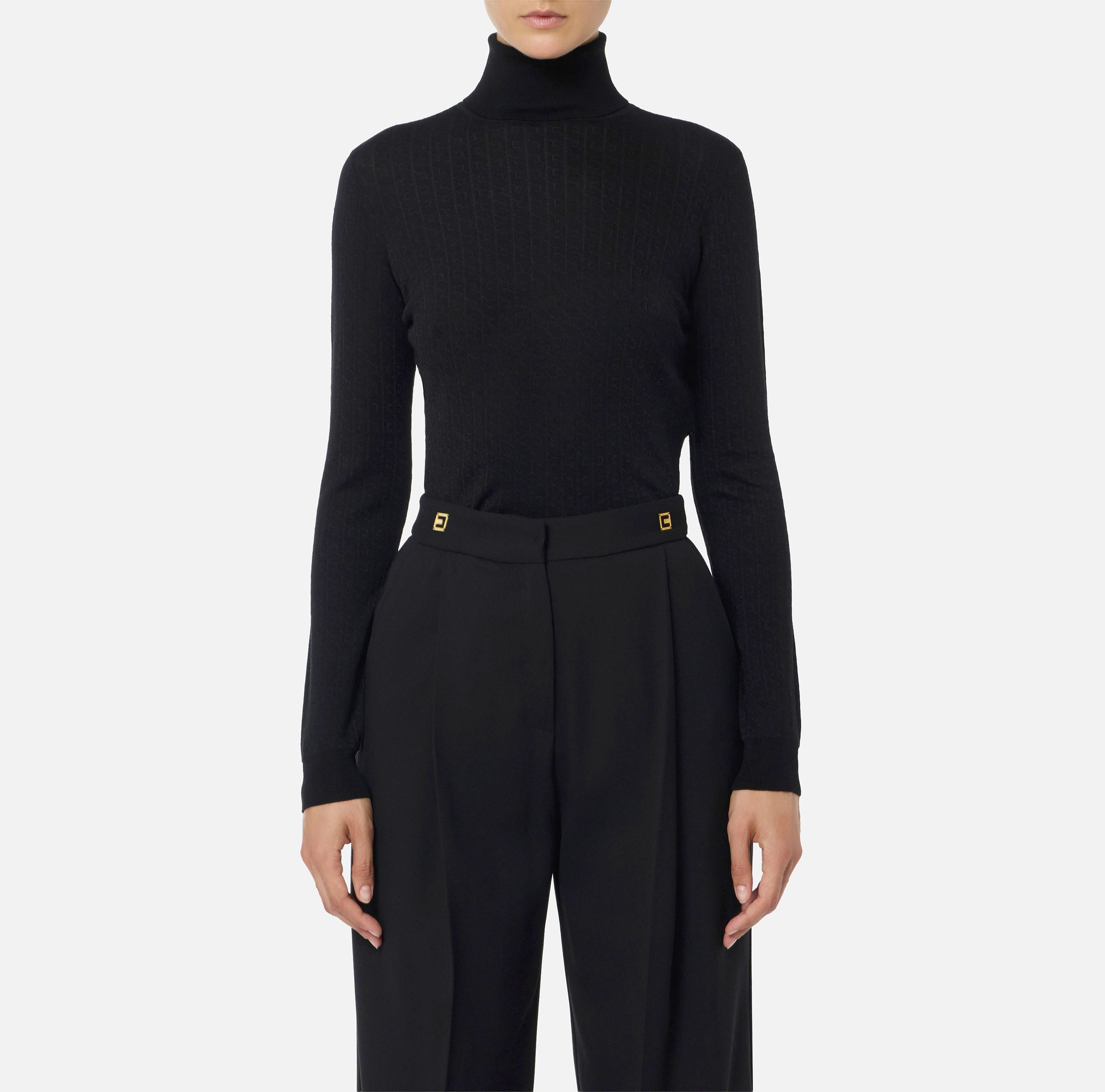 ELISABETTA FRANCHI Maglia Dolcevita Lana Jacquard Logo-Nero