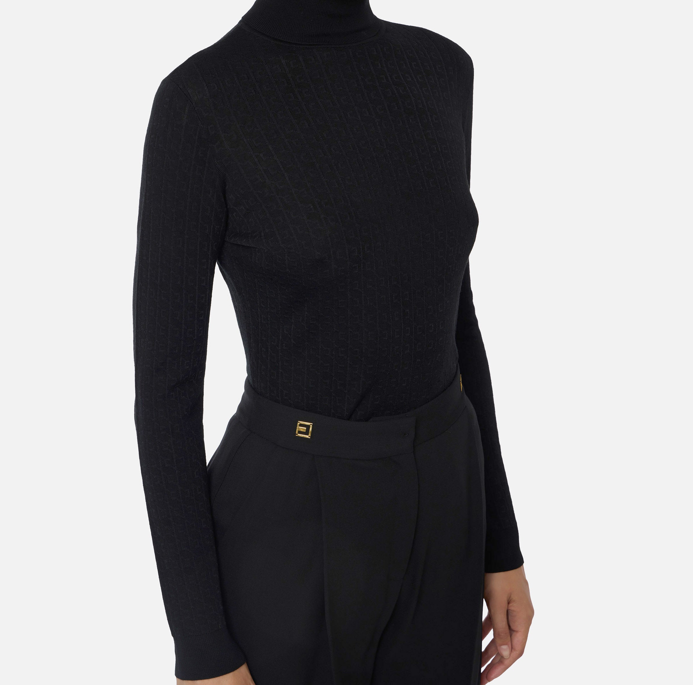ELISABETTA FRANCHI Maglia Dolcevita Lana Jacquard Logo-Nero