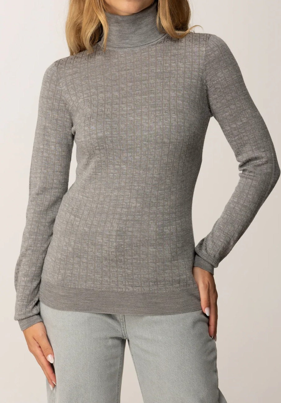 ELISABETTA FRANCHI Maglia Dolcevita Lana Jacquard Logo-Grigio Melange