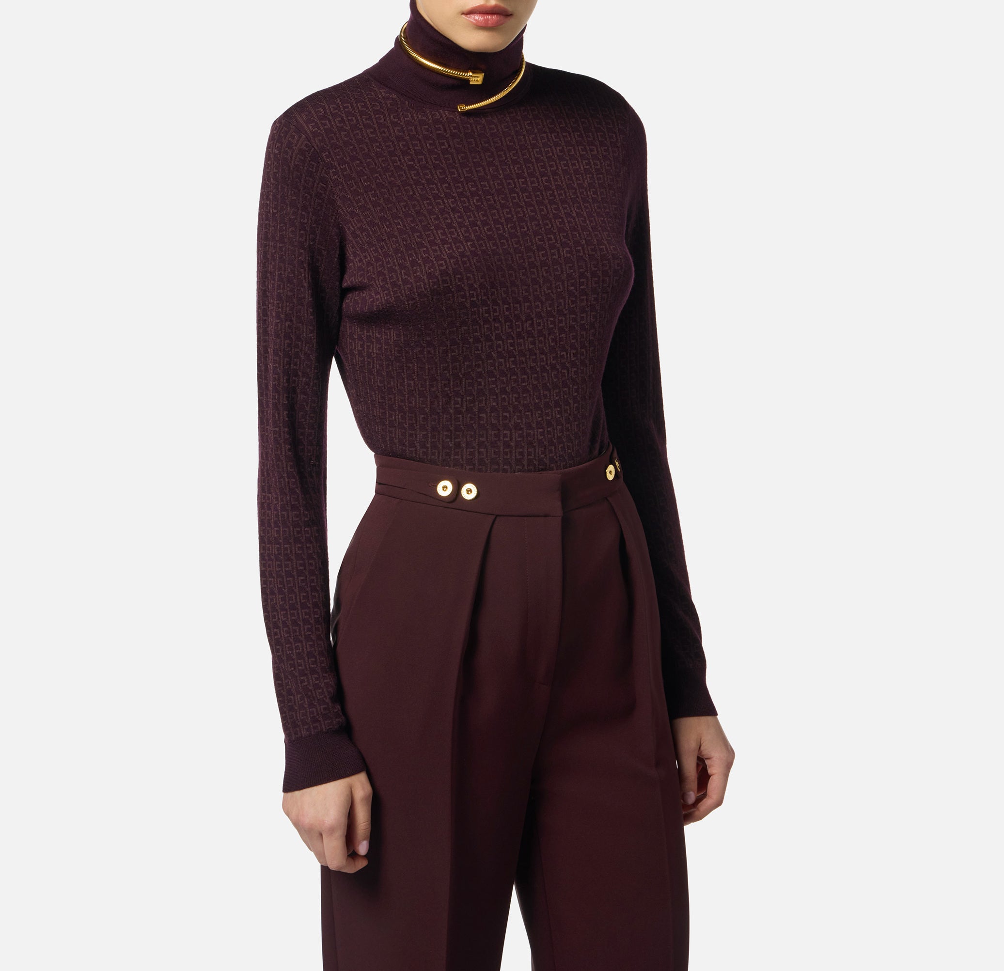 ELISABETTA FRANCHI Maglia Dolcevita Lana Jacquard Logo-Merlot