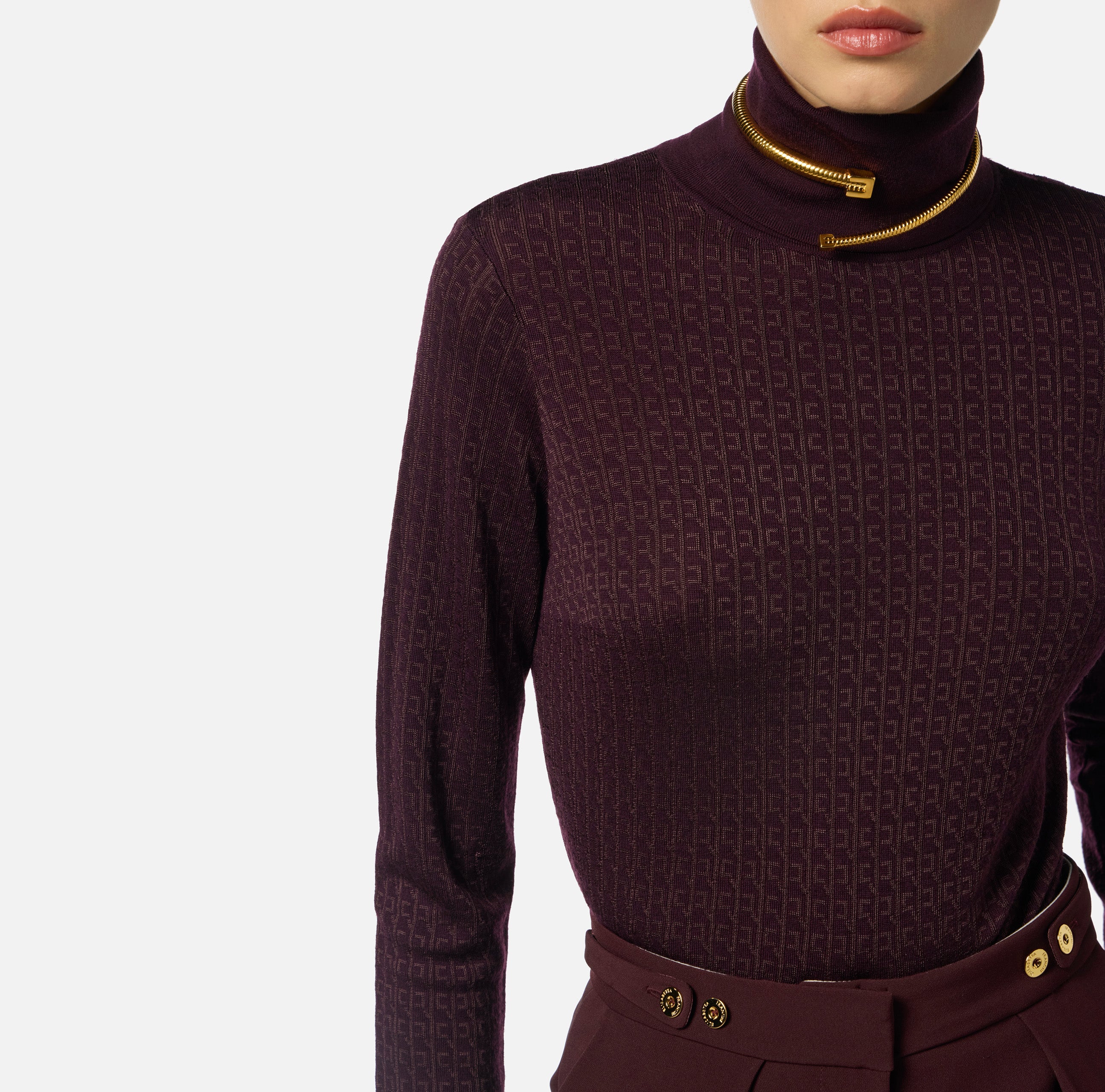ELISABETTA FRANCHI Maglia Dolcevita Lana Jacquard Logo-Merlot
