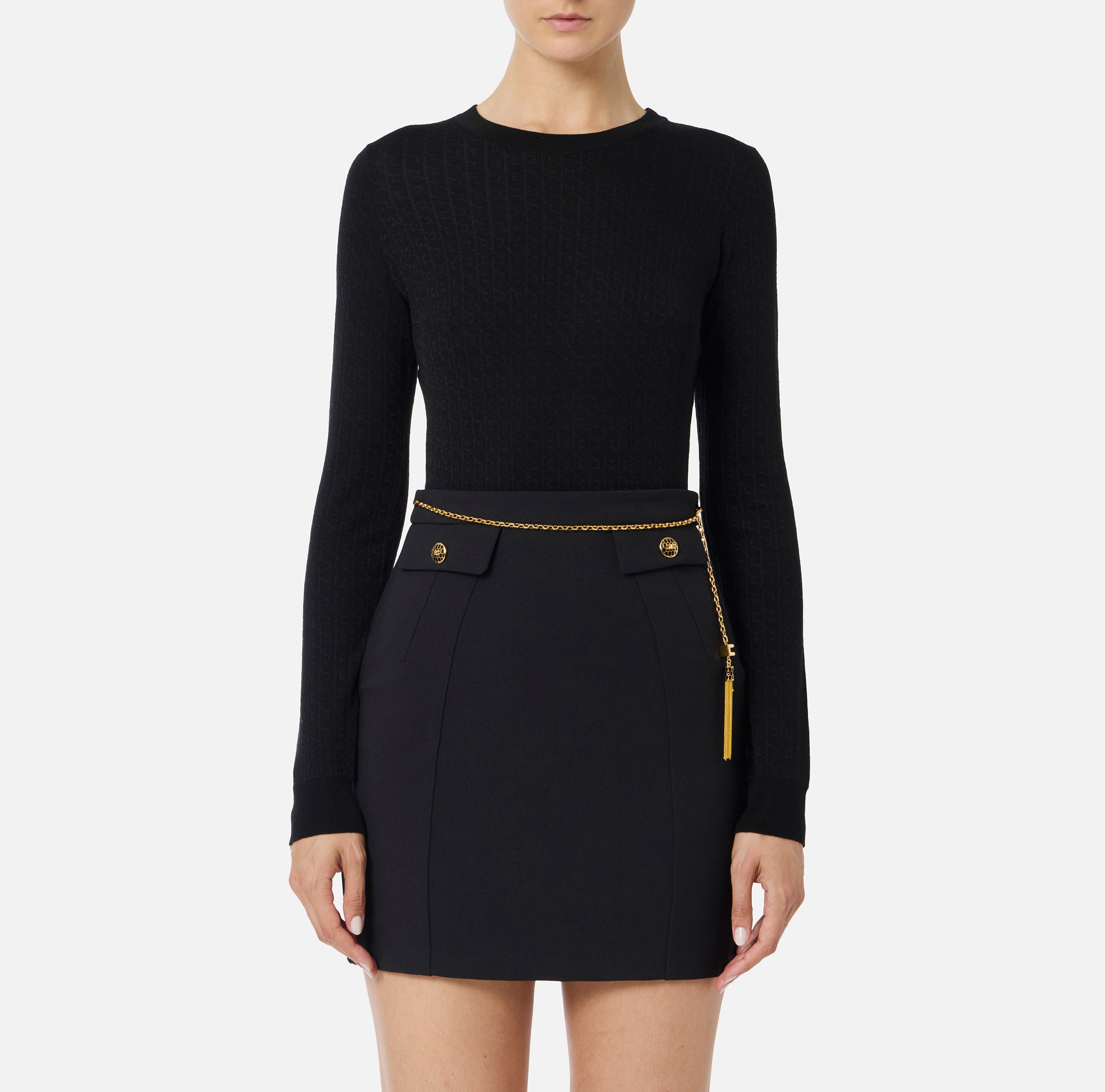 ELISABETTA FRANCHI Maglia Girocollo Lana Jacquard Logo-Nero