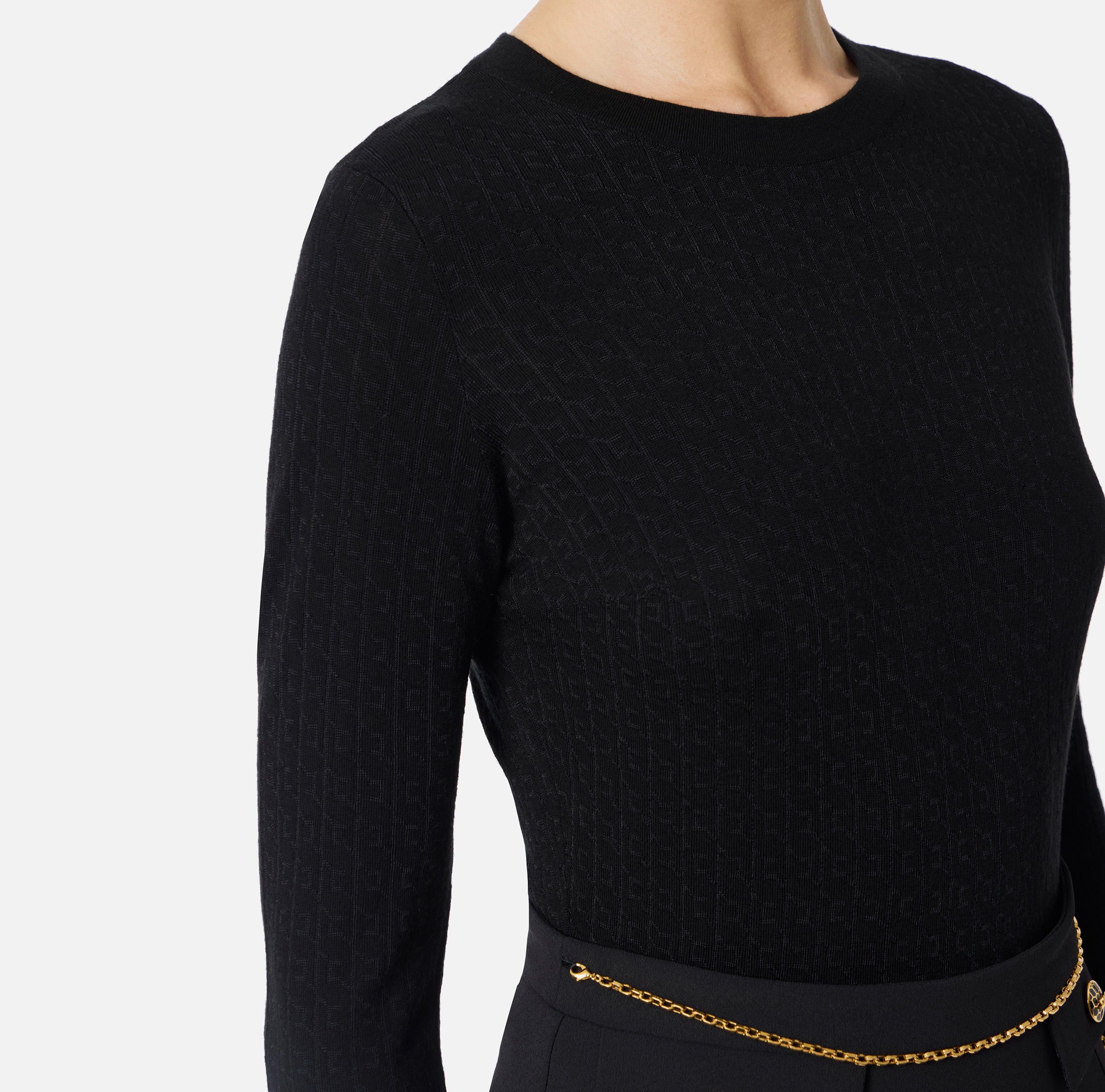 ELISABETTA FRANCHI Maglia Girocollo Lana Jacquard Logo-Nero