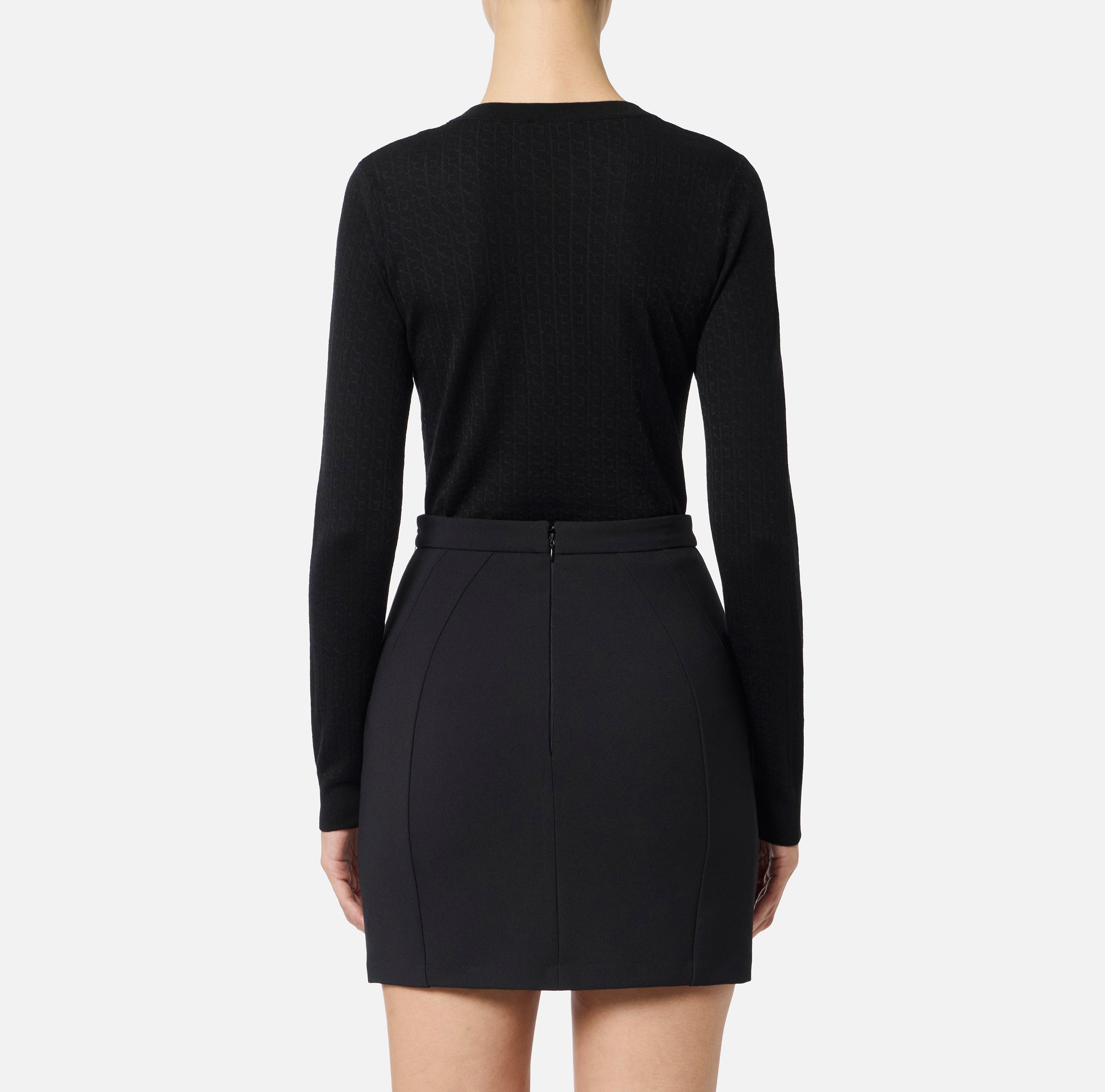 ELISABETTA FRANCHI Crew Neck Wool Jacquard Logo Sweater - Black