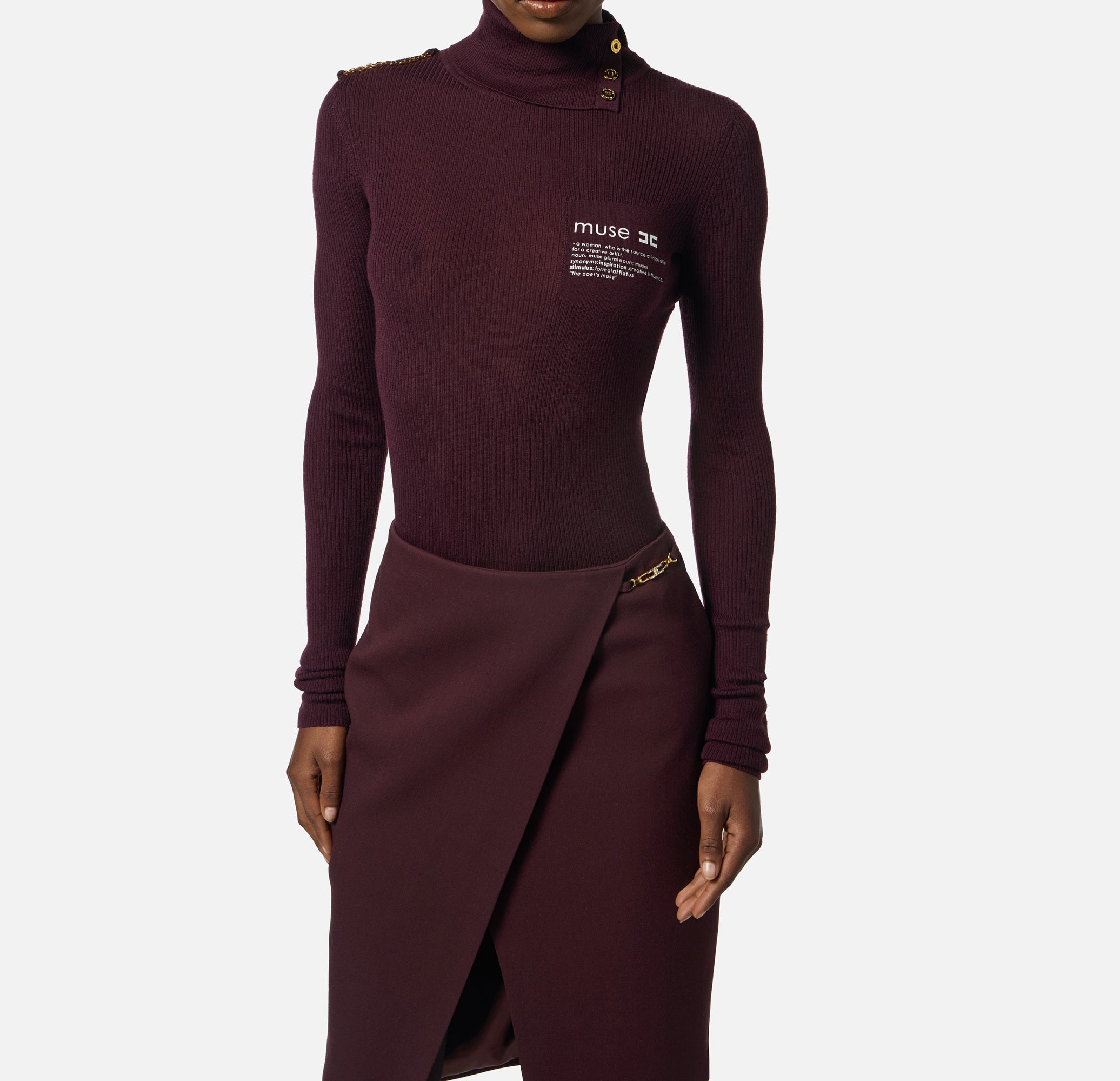ELISABETTA FRANCHI Maglia Dolcevita Logo Lettering Muse-Merlot