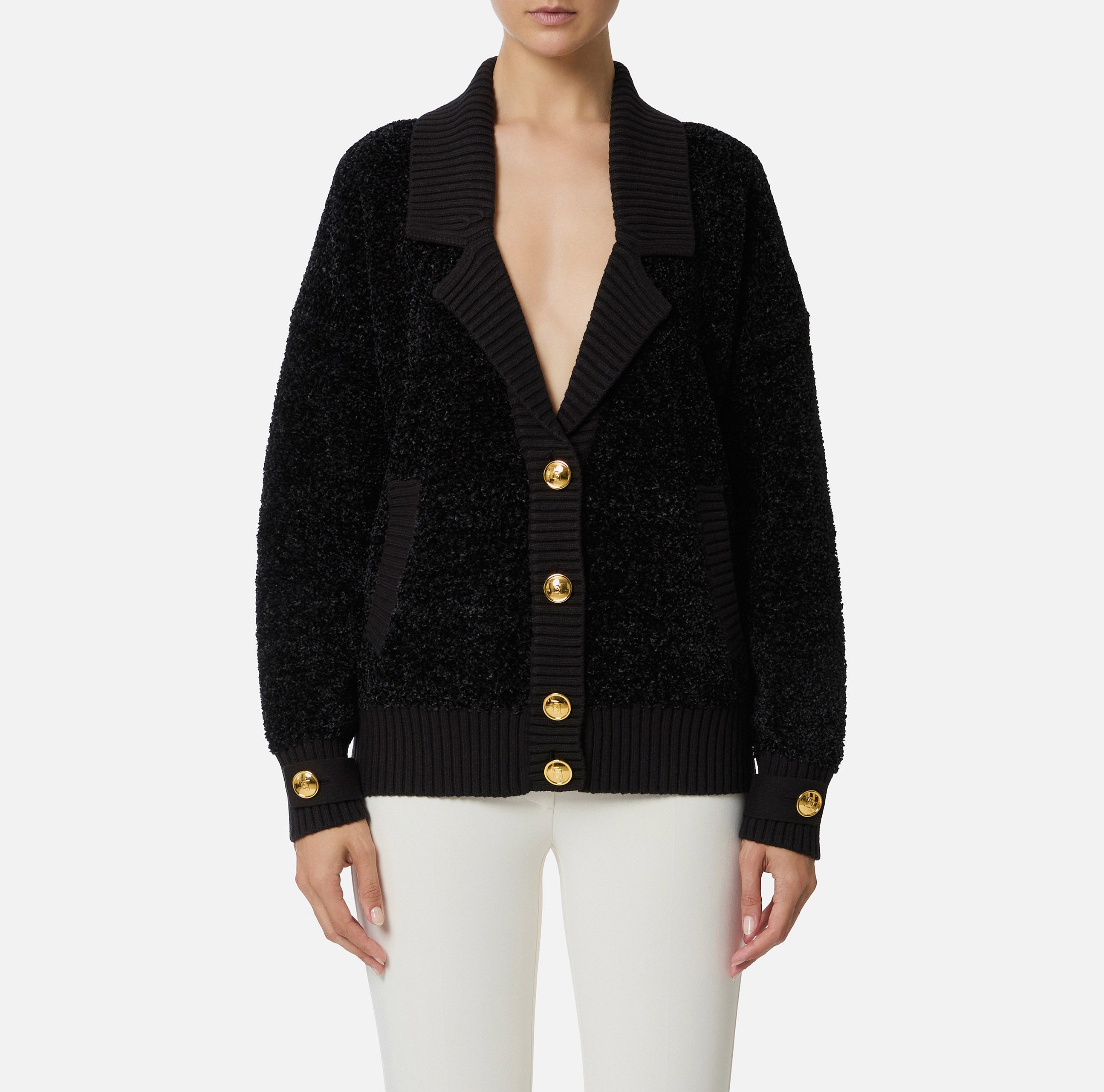 ELISABETTA FRANCHI Cardigan Ciniglia Bouclé Bottoni-Nero