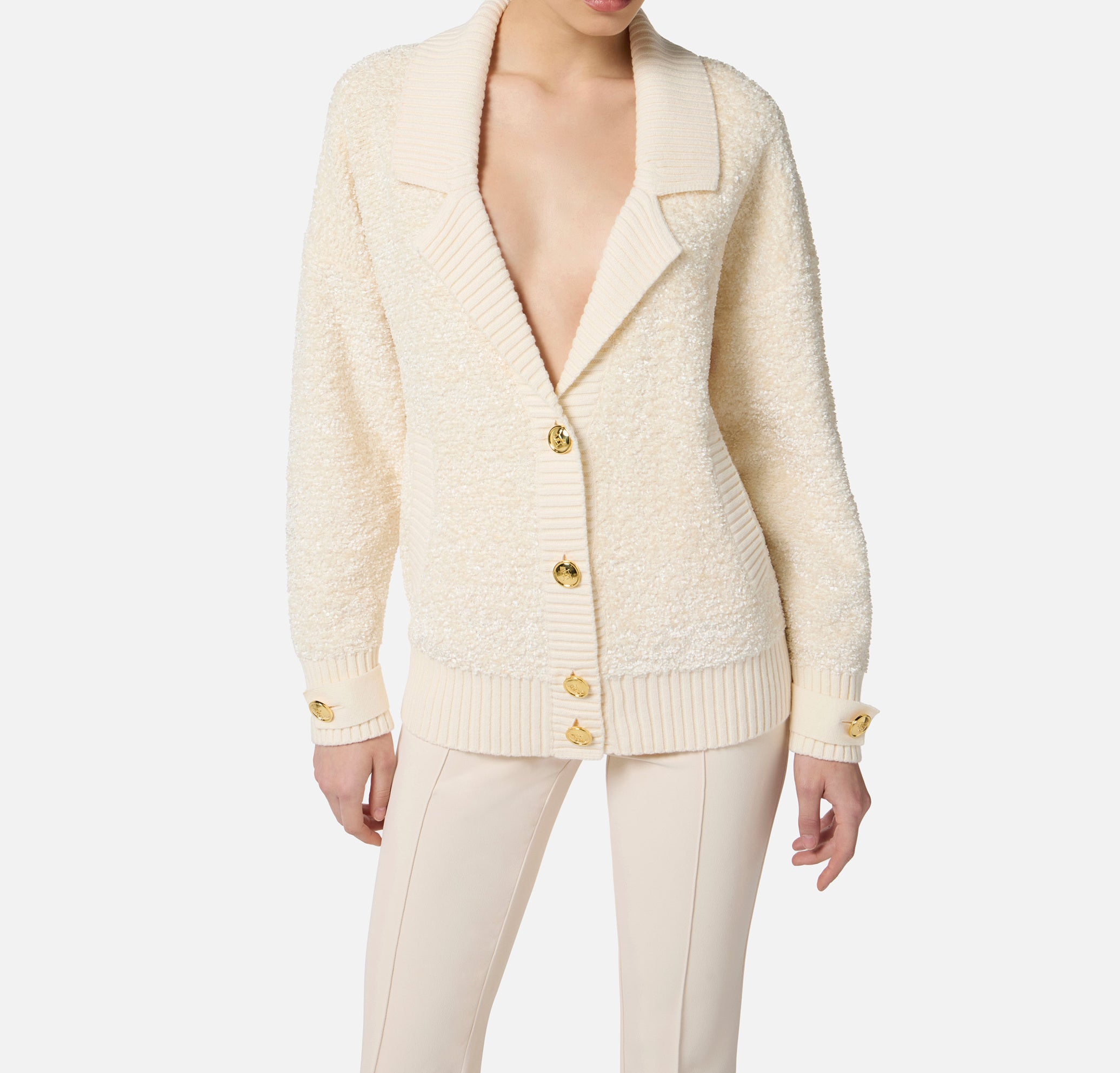 ELISABETTA FRANCHI Cardigan Ciniglia Bouclé Bottoni-Milk