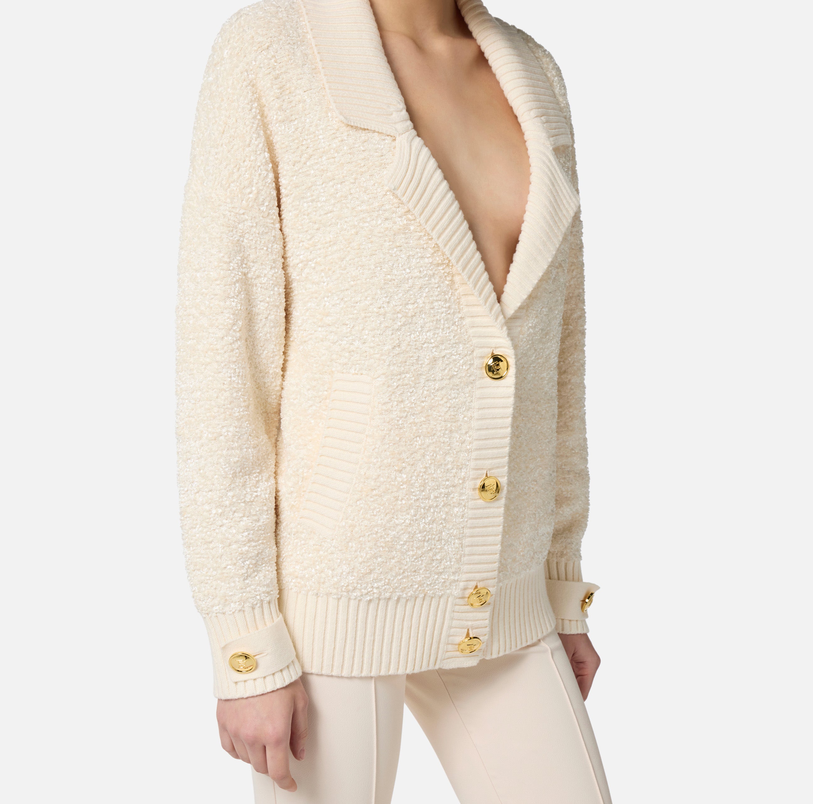 ELISABETTA FRANCHI Cardigan Ciniglia Bouclé Bottoni-Milk