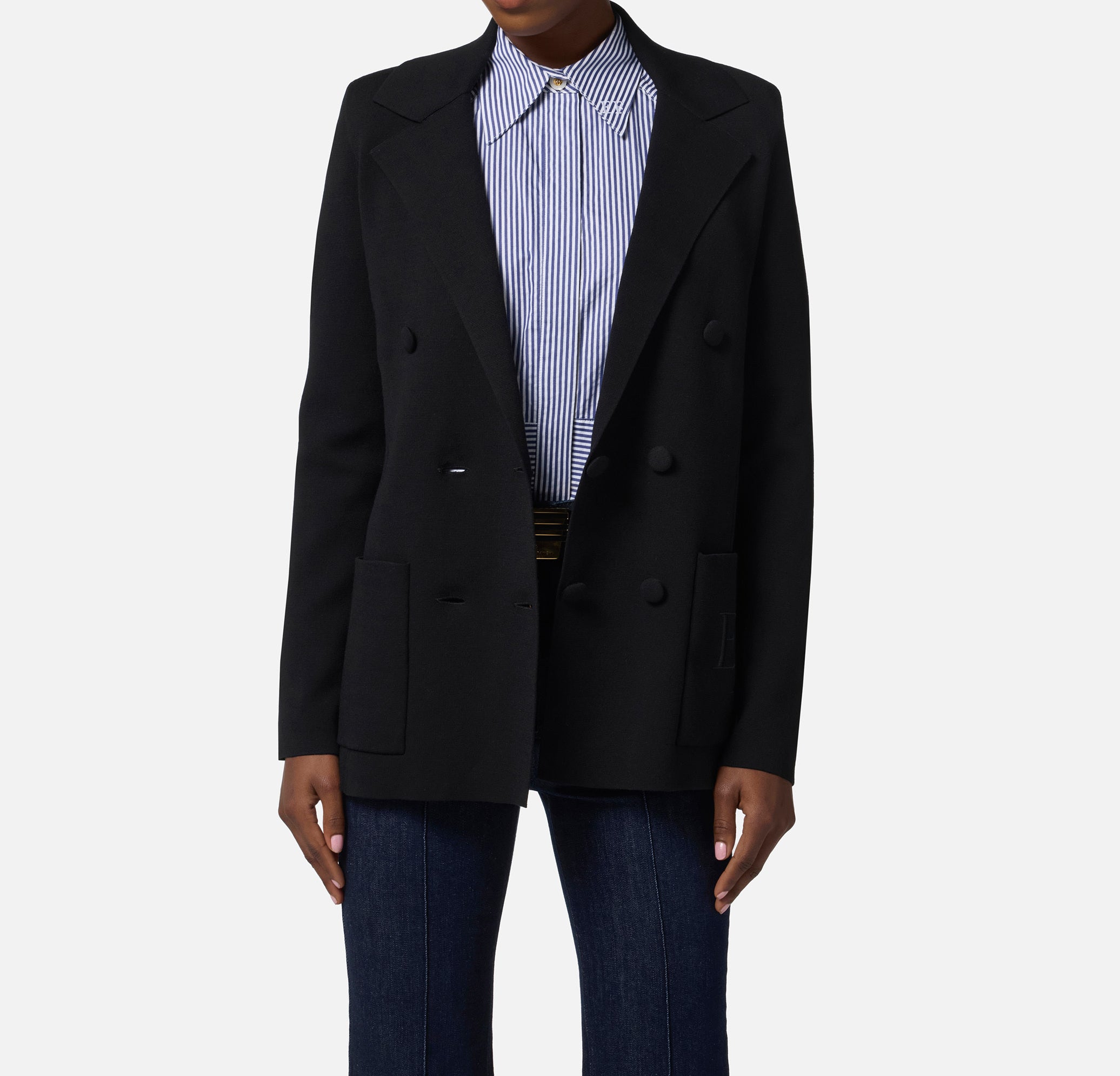 ELISABETTA FRANCHI Giacca Doppiopetto Maglia Ricamo-Nero
