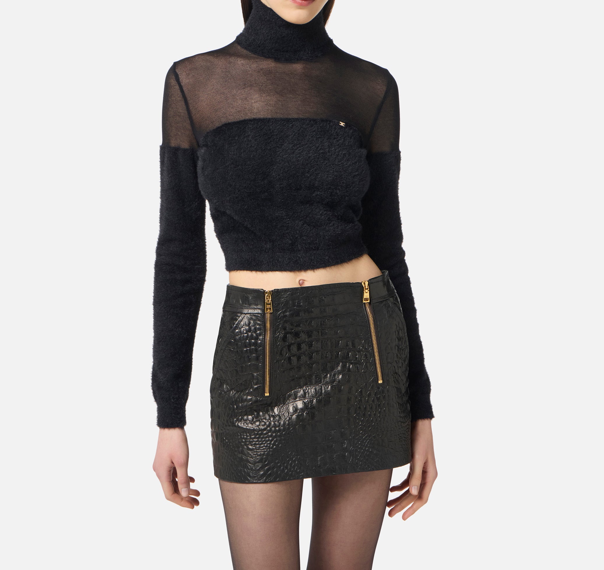 ELISABETTA FRANCHI Maglia Dolcevita Cropped Mini Logo-Nero