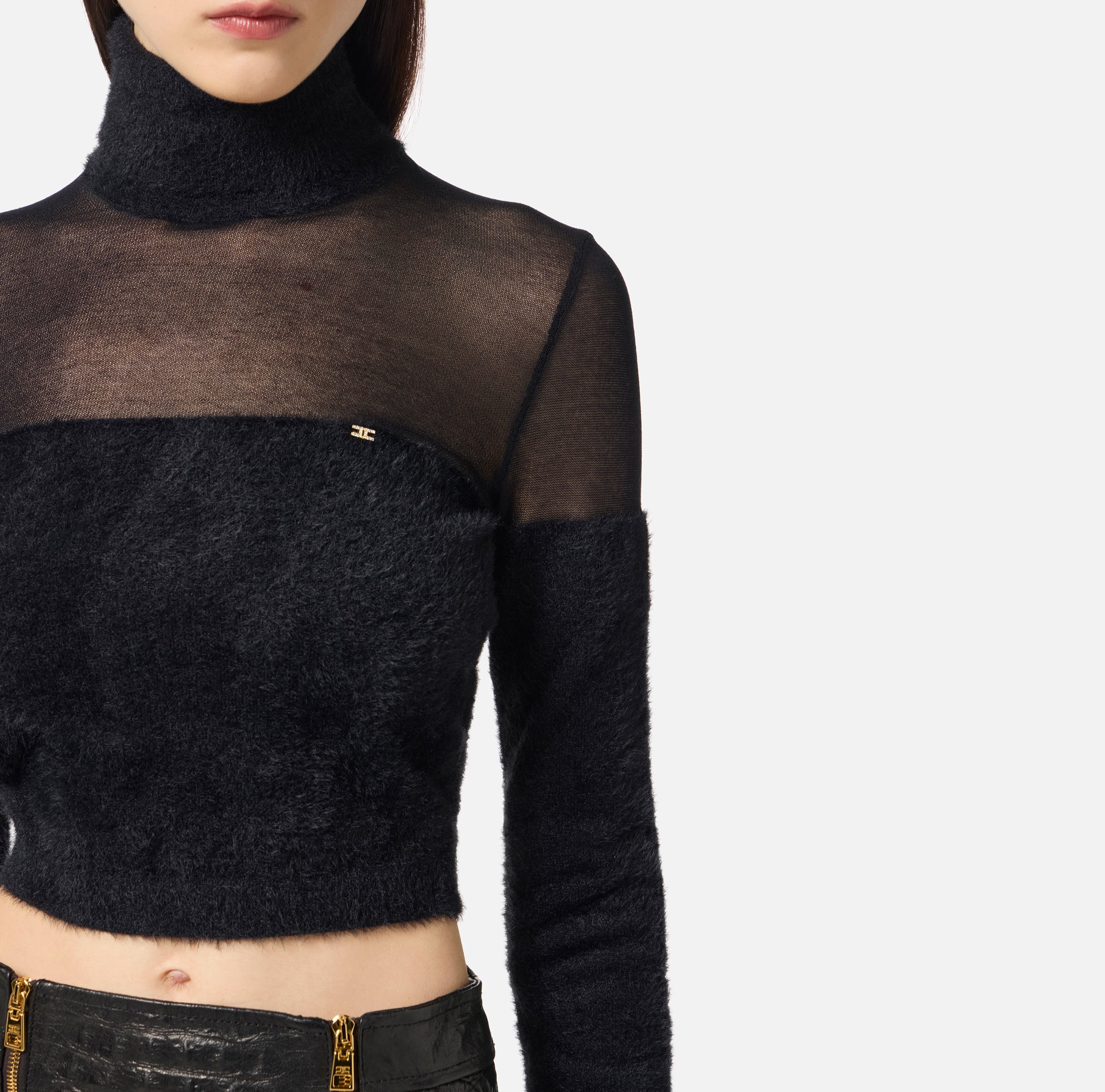 ELISABETTA FRANCHI Maglia Dolcevita Cropped Mini Logo-Nero