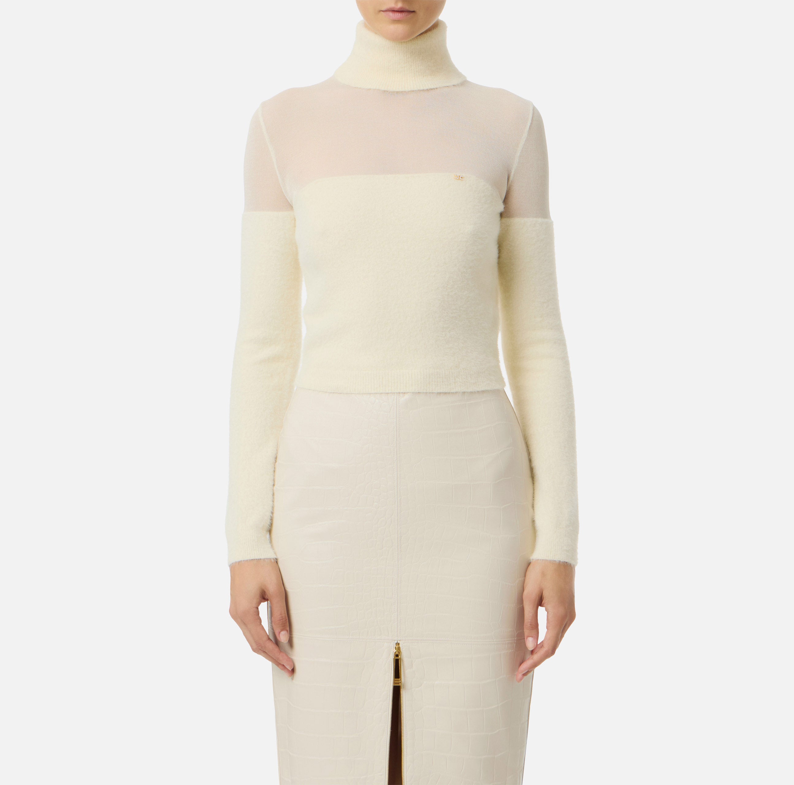 ELISABETTA FRANCHI Maglia Dolcevita Cropped Mini Logo-Milk