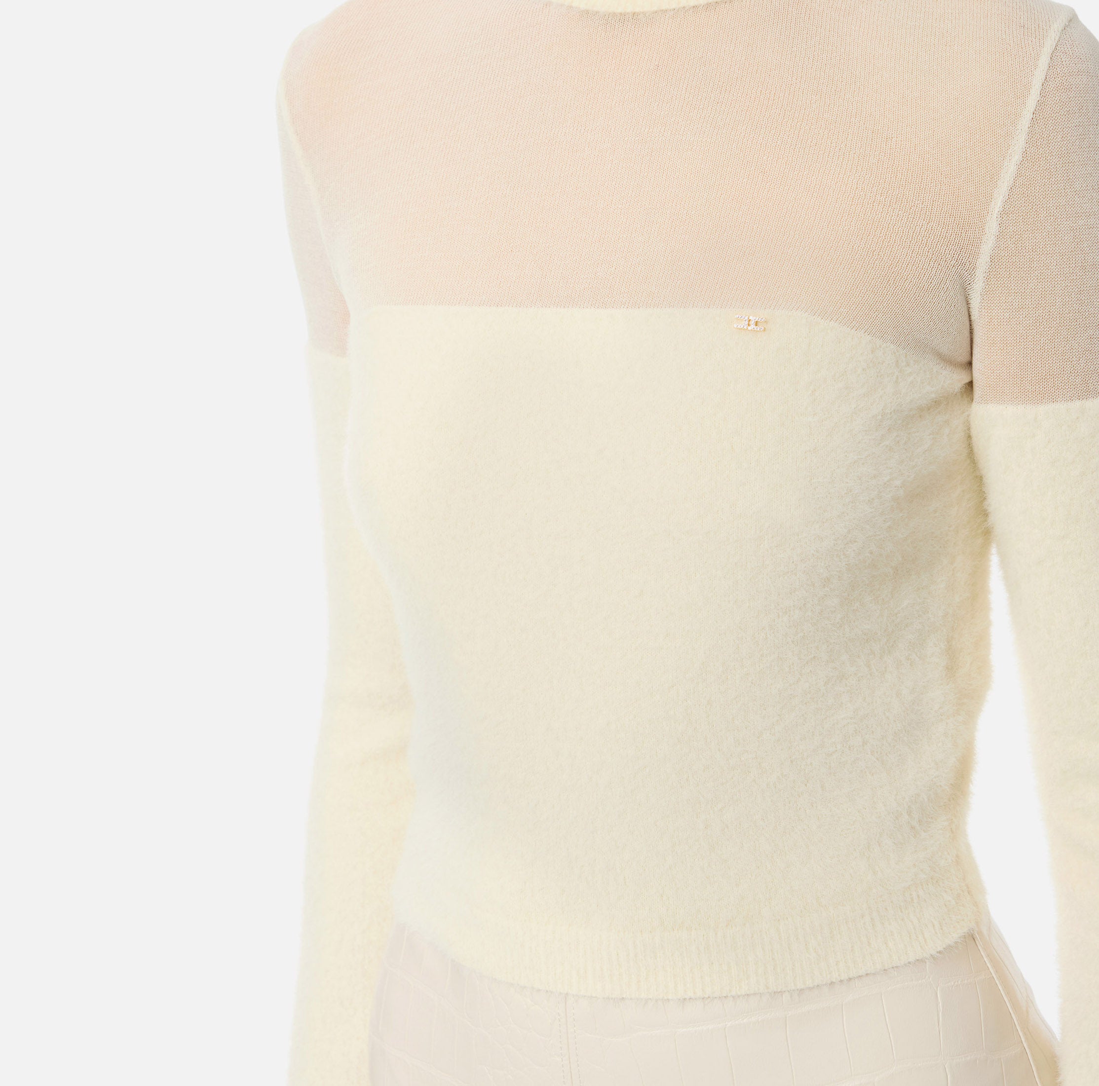 ELISABETTA FRANCHI Maglia Dolcevita Cropped Mini Logo-Milk