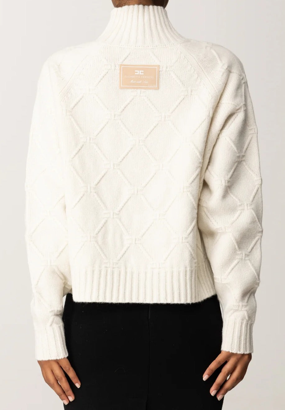ELISABETTA FRANCHI Pullover Lana Cashmere Rombi Logo-Milk