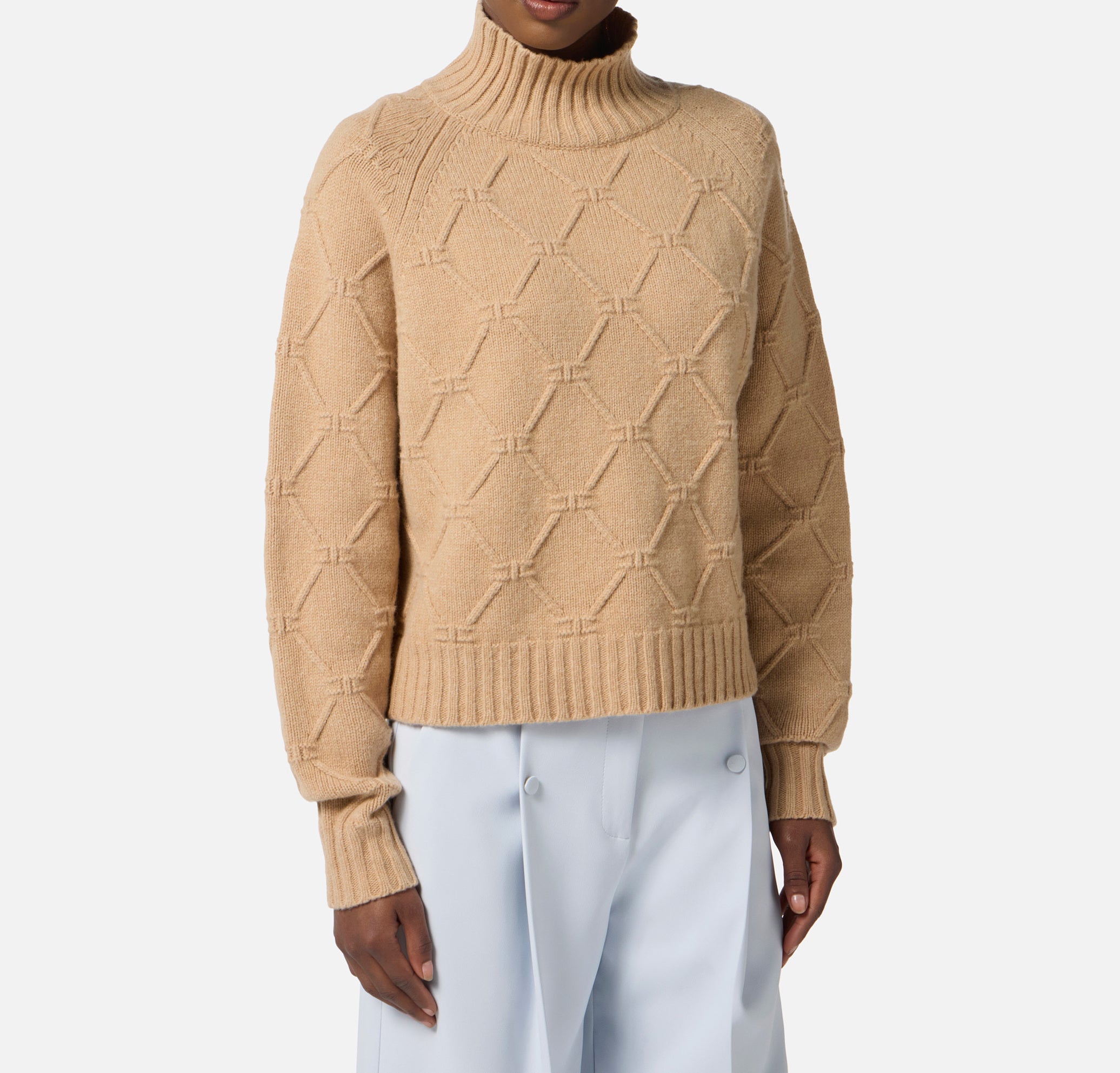 ELISABETTA FRANCHI Pullover Lana Cashmere Rombi Logo-Honey