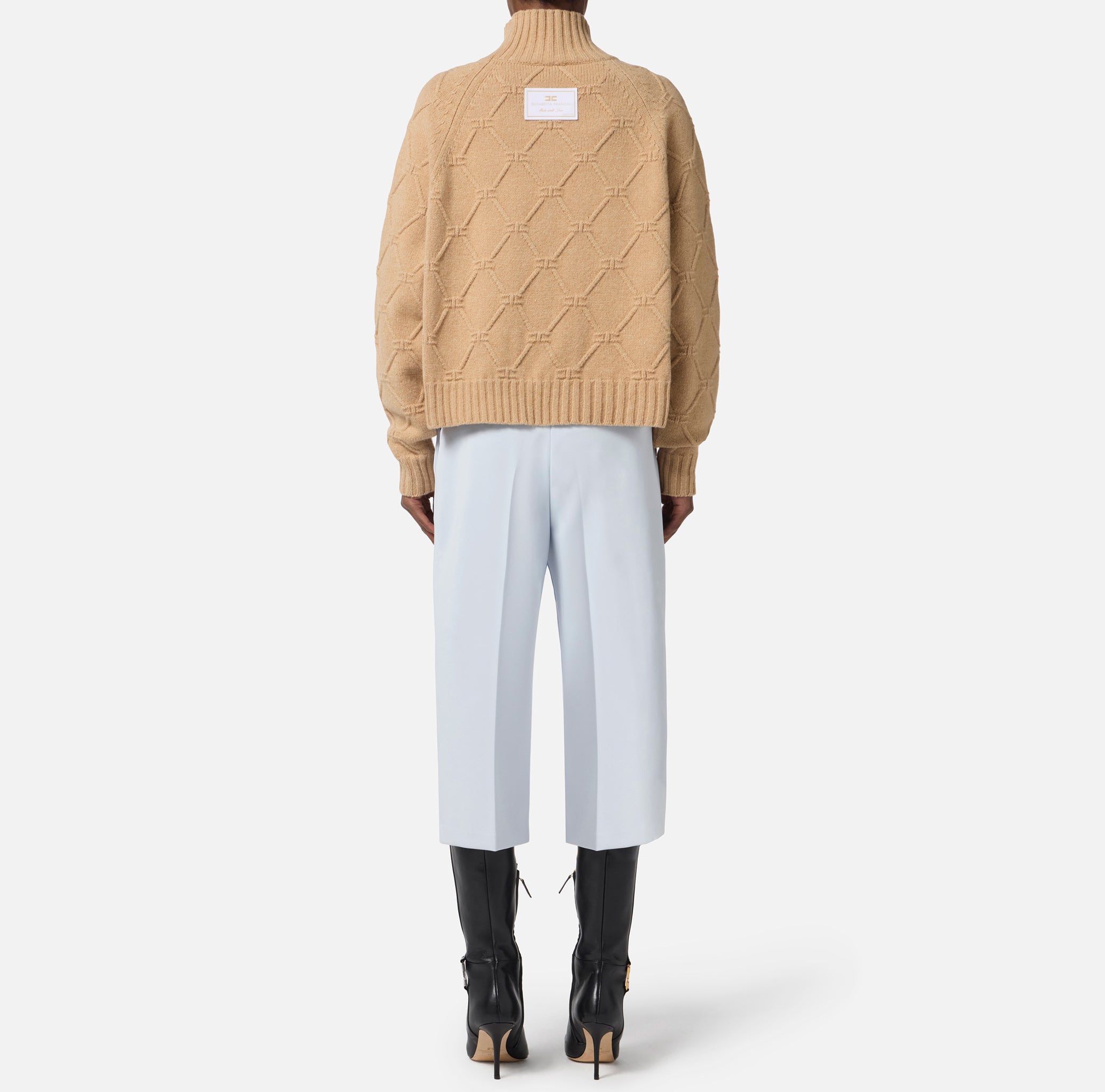 ELISABETTA FRANCHI Pullover Lana Cashmere Rombi Logo-Honey