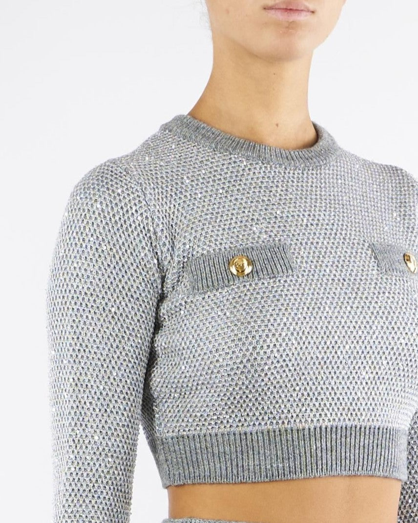 ELISABETTA FRANCHI Maglia Cropped Paillettes-Grigio Melange