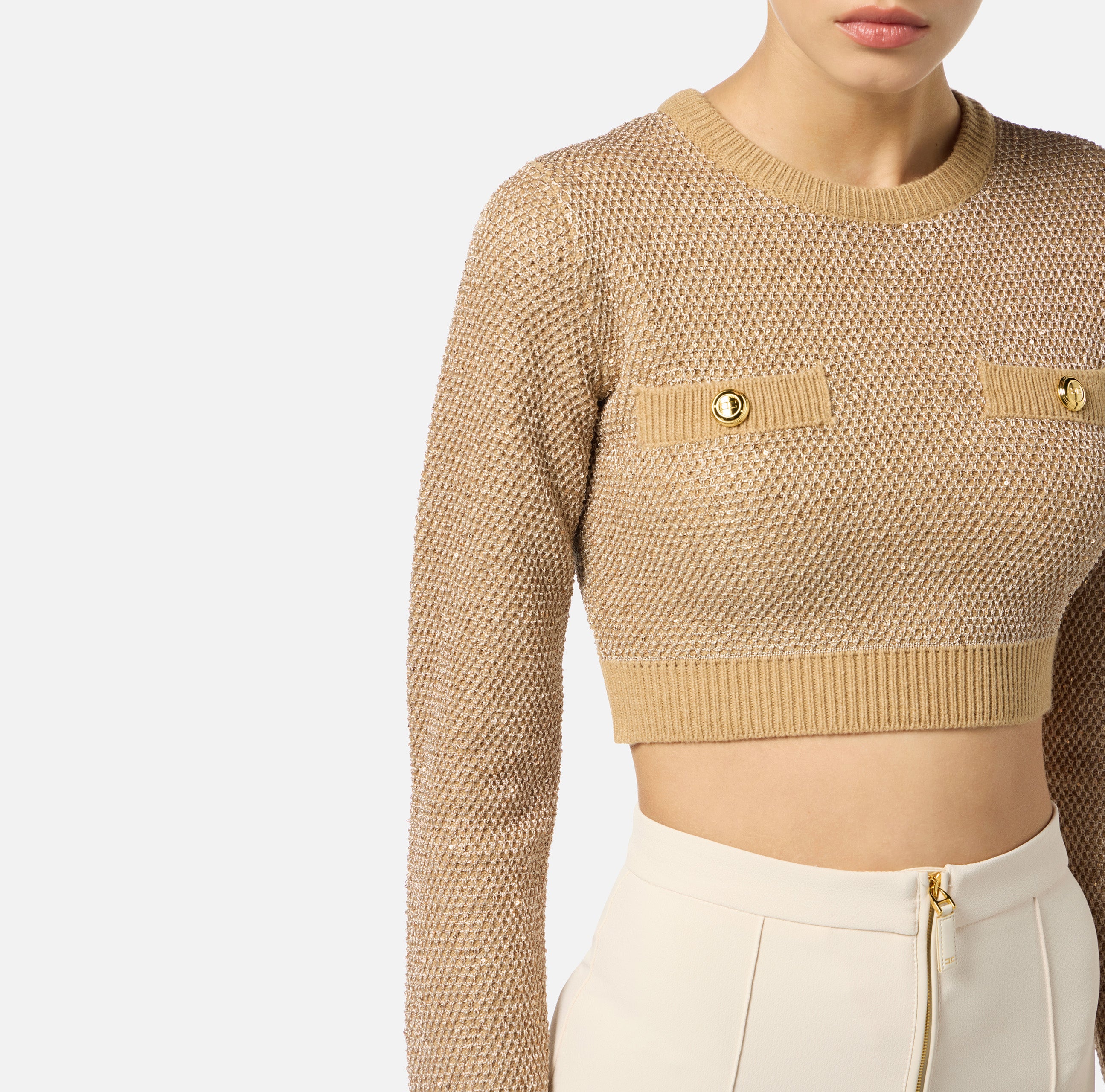 ELISABETTA FRANCHI Maglia Cropped Paillettes-Honey