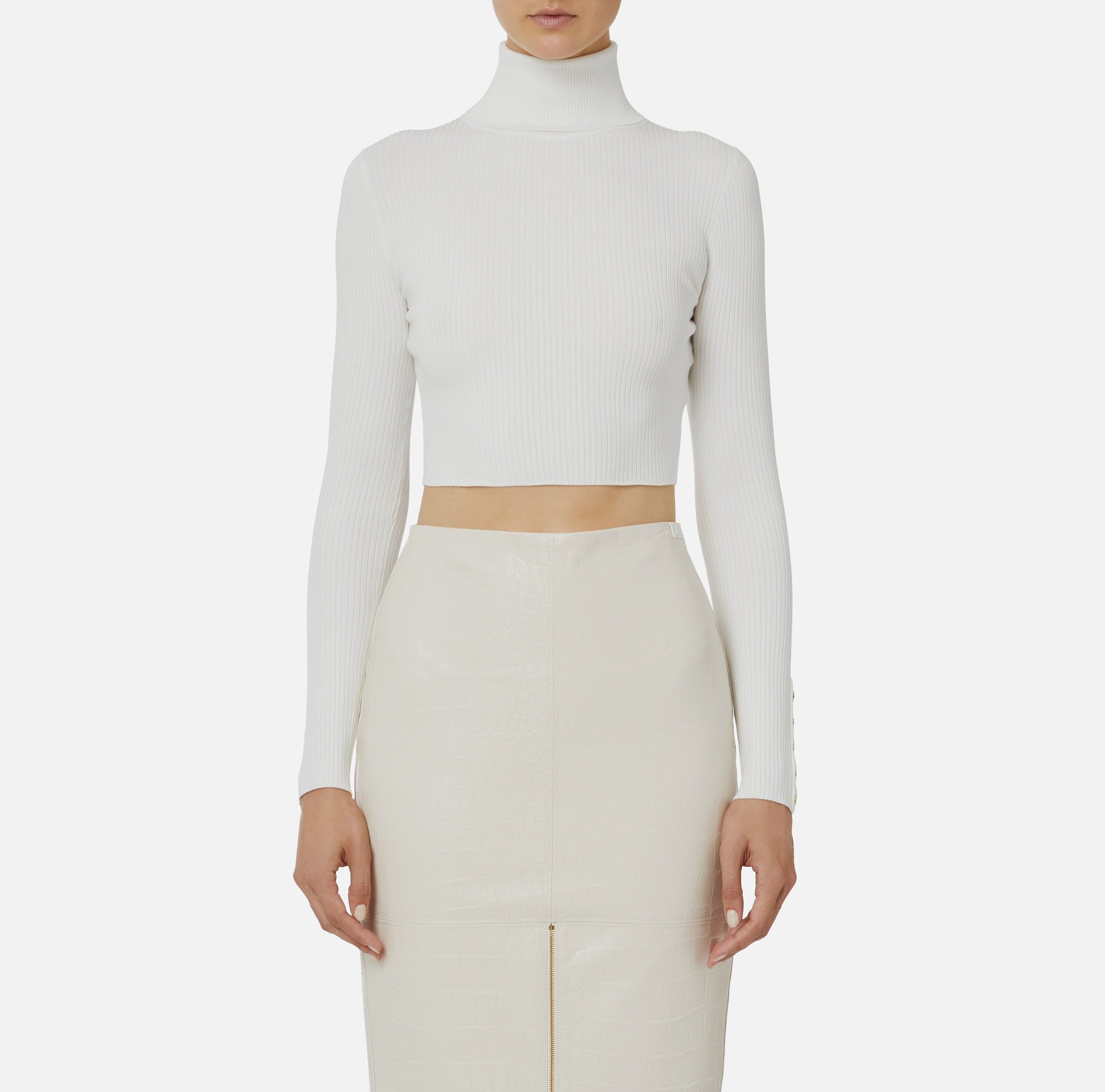 ELISABETTA FRANCHI Maglia Cropped Costine Bottoni-Avorio