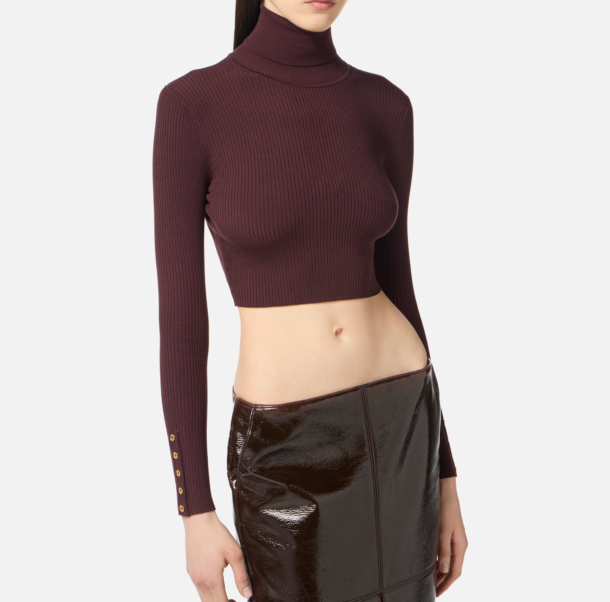 ELISABETTA FRANCHI Maglia Cropped Costine Bottoni-Merlot