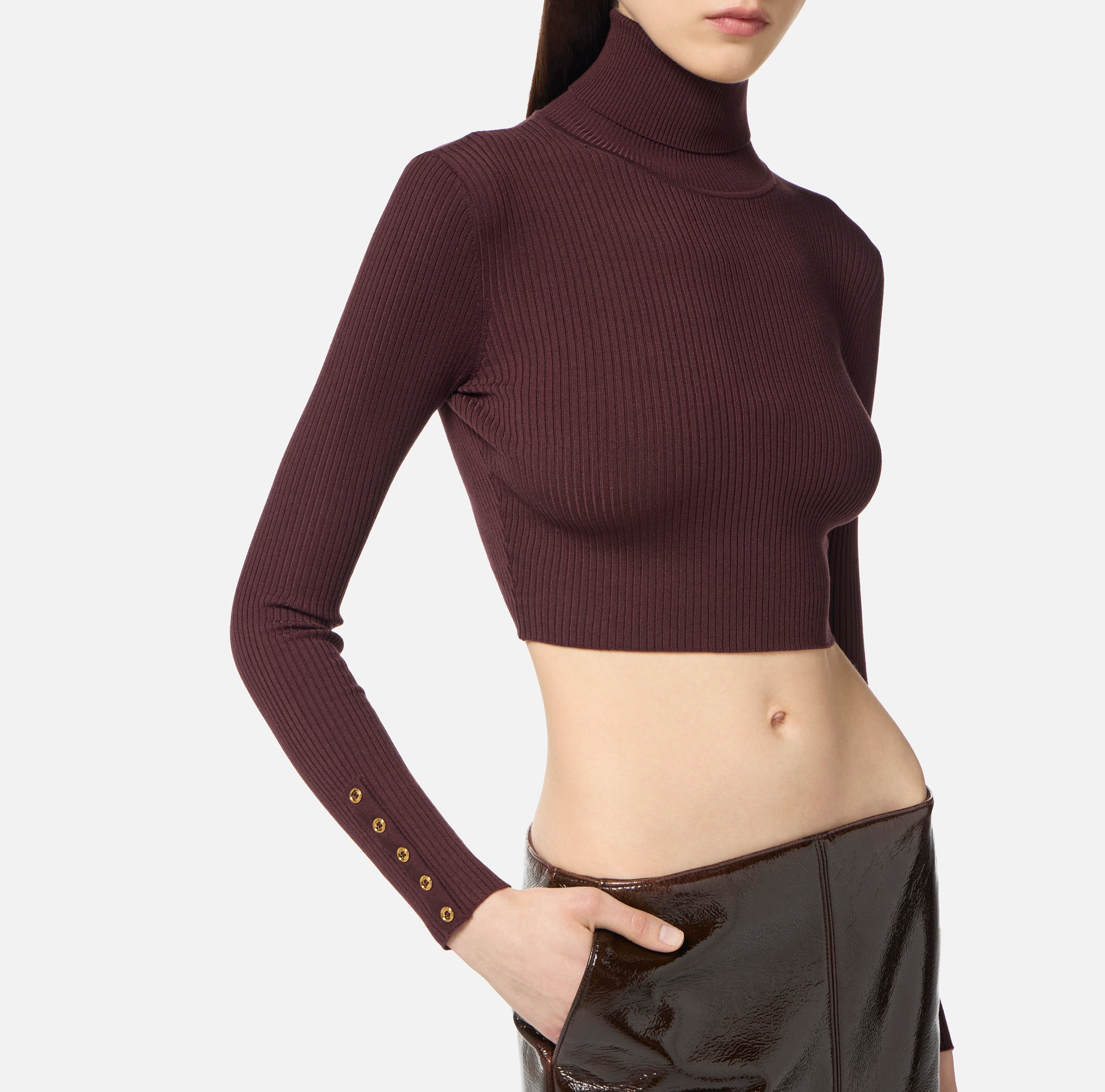 ELISABETTA FRANCHI Maglia Cropped Costine Bottoni-Merlot
